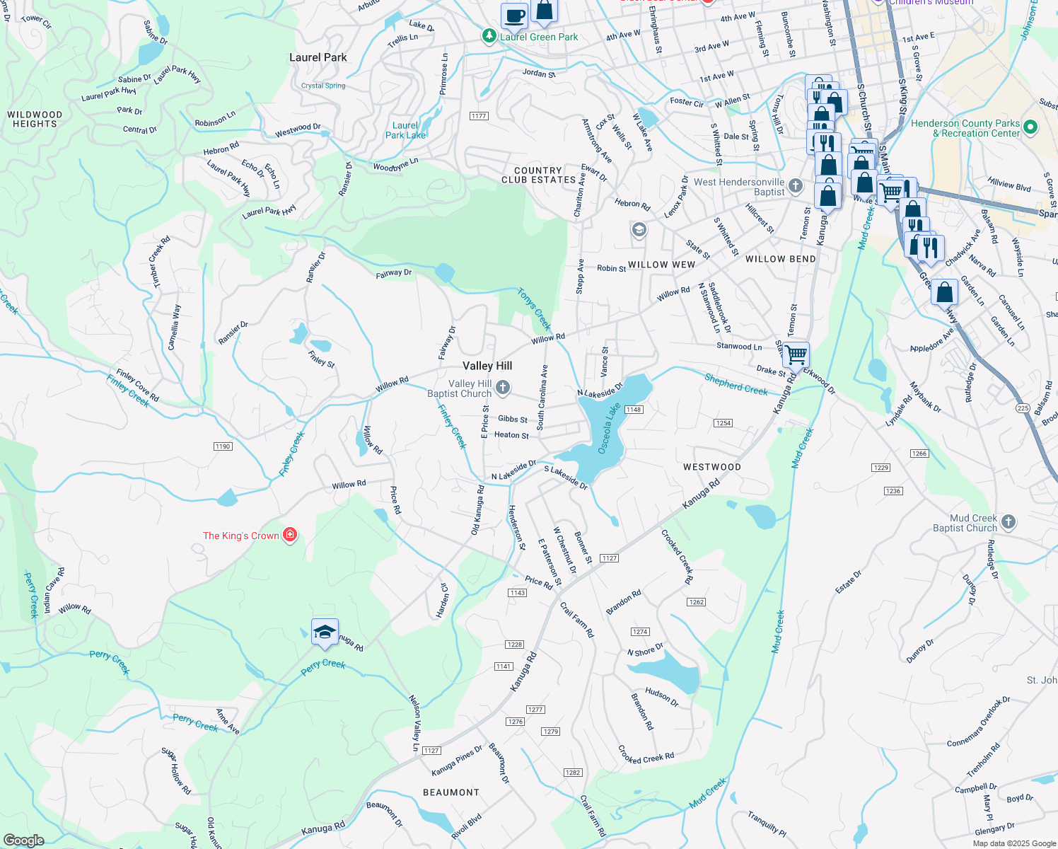map of restaurants, bars, coffee shops, grocery stores, and more near 102 Gibbs Street in Hendersonville