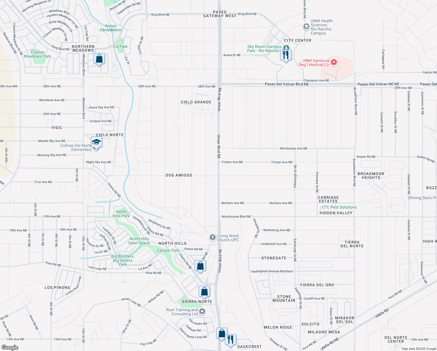 map of restaurants, bars, coffee shops, grocery stores, and more near Pembrooke Avenue Northeast in Rio Rancho