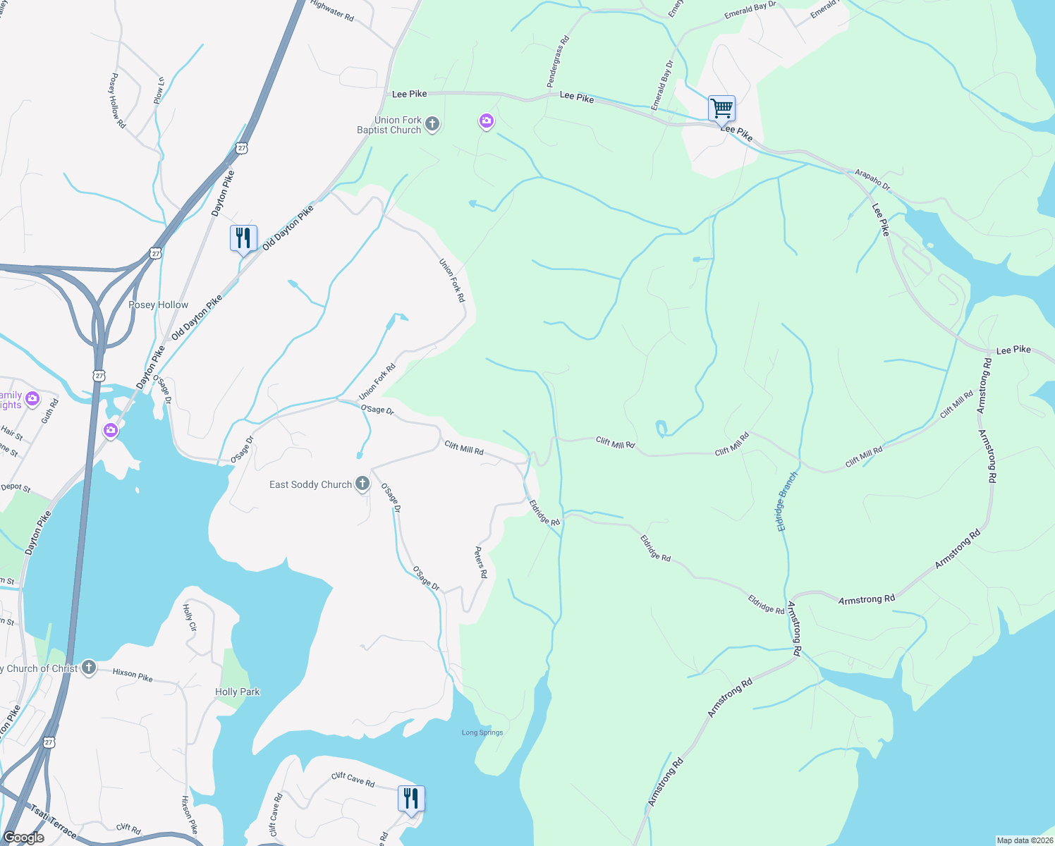 map of restaurants, bars, coffee shops, grocery stores, and more near 12007 Clift Mill Road in Soddy-Daisy