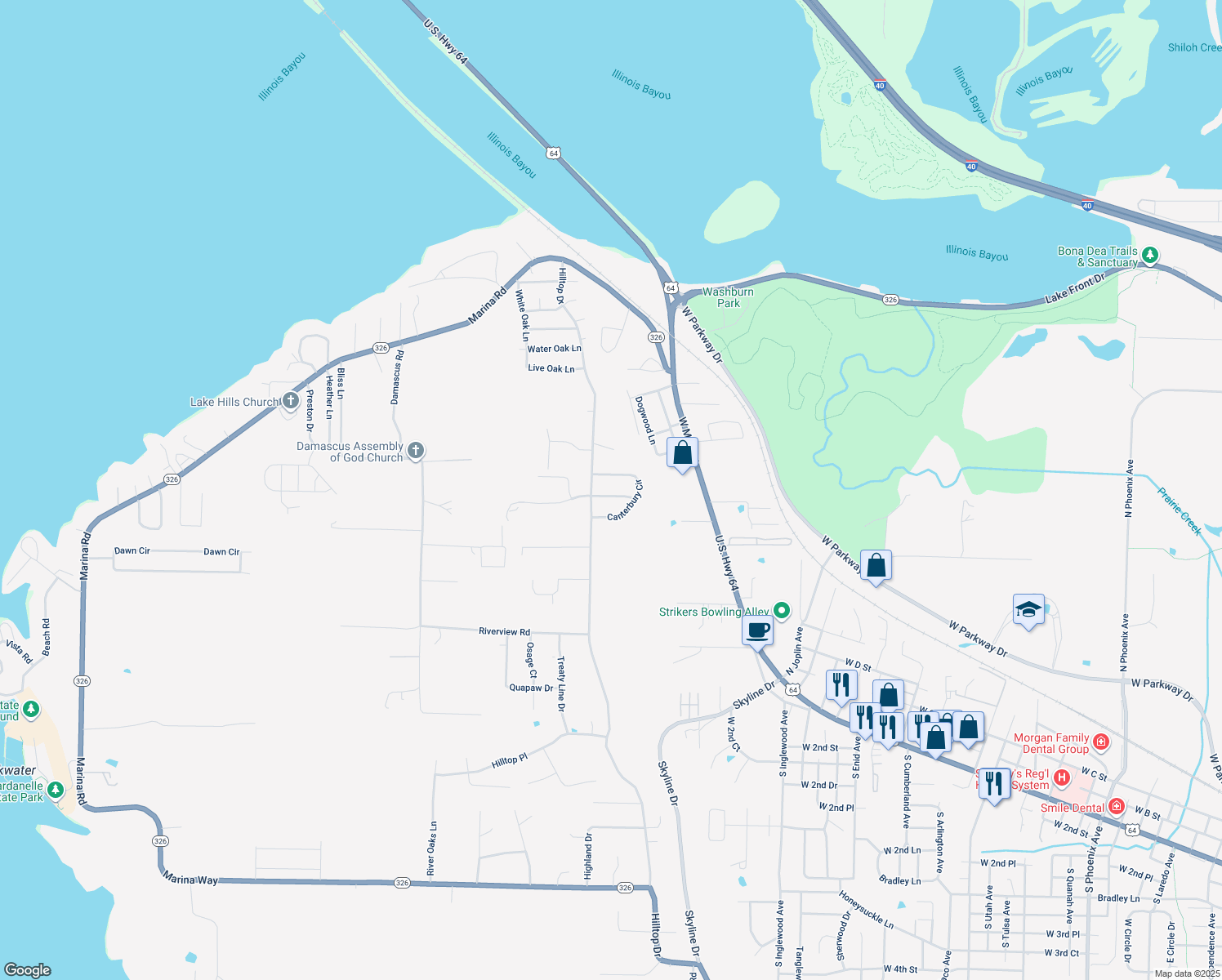 map of restaurants, bars, coffee shops, grocery stores, and more near 107 Arthur Lane in Russellville