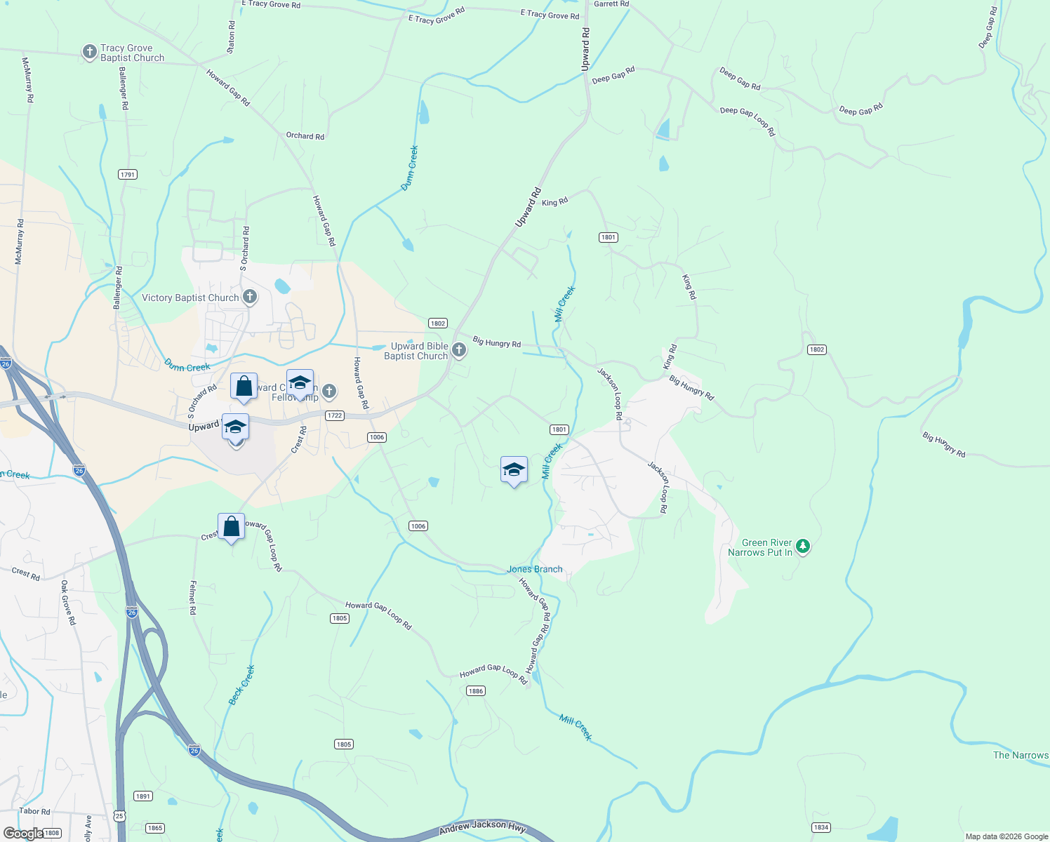 map of restaurants, bars, coffee shops, grocery stores, and more near 476 Jackson Loop Road in Flat Rock