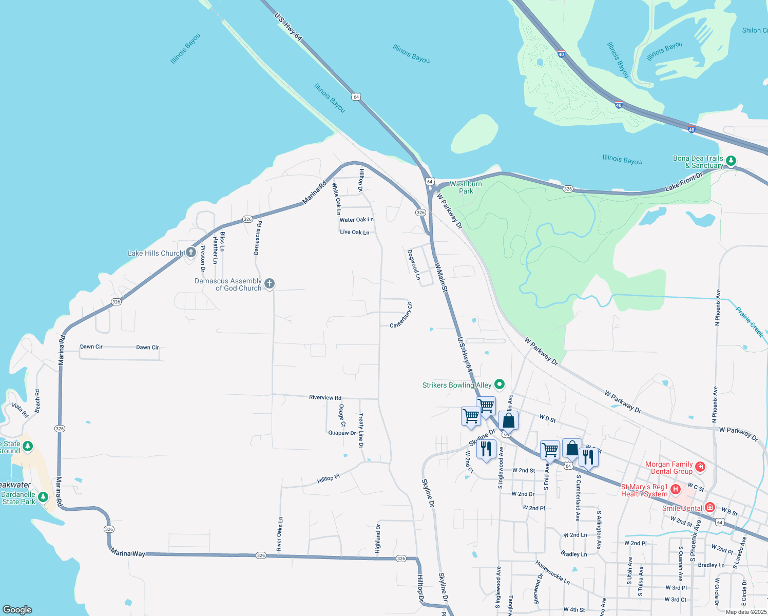 map of restaurants, bars, coffee shops, grocery stores, and more near 107 Arthur Lane in Russellville