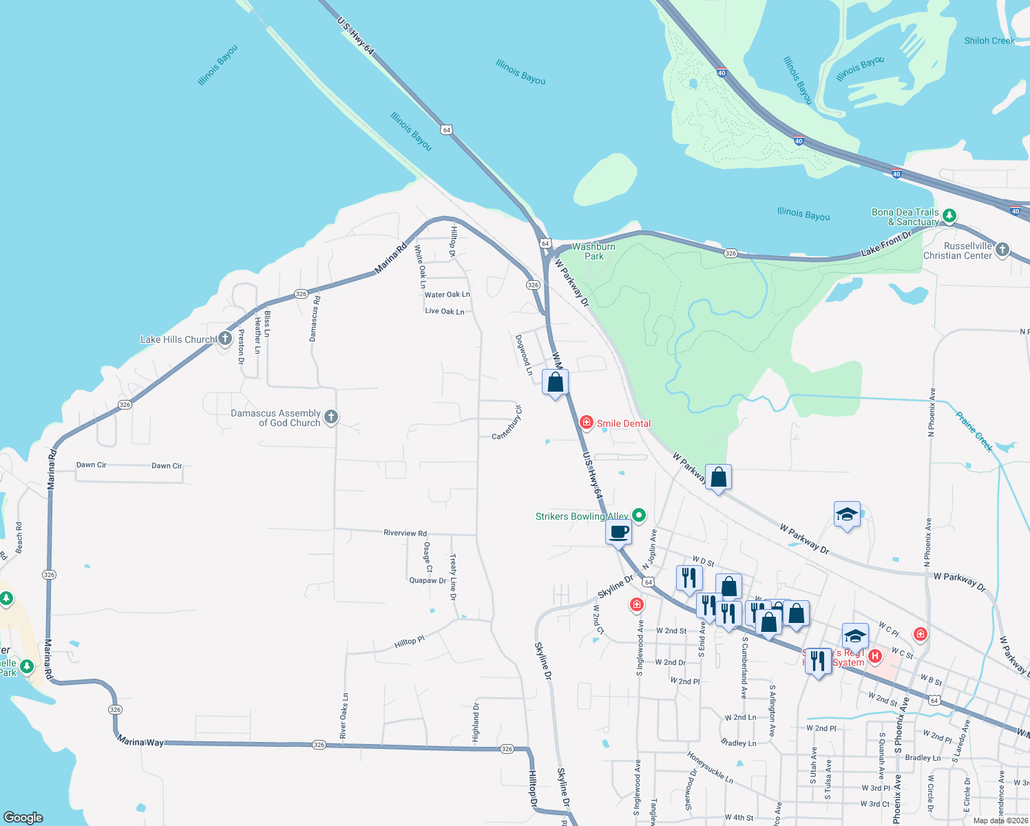 map of restaurants, bars, coffee shops, grocery stores, and more near 203 Canterbury Cir in Russellville