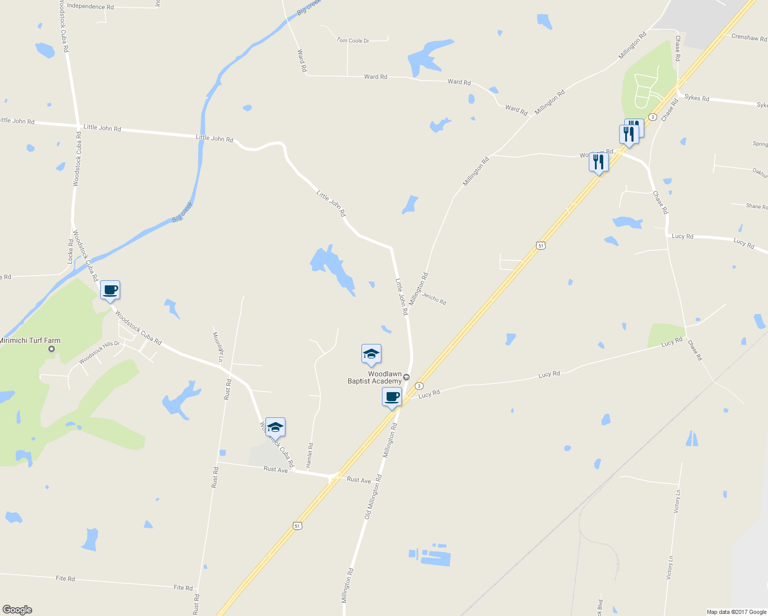 map of restaurants, bars, coffee shops, grocery stores, and more near 2989 Little John Road in Millington