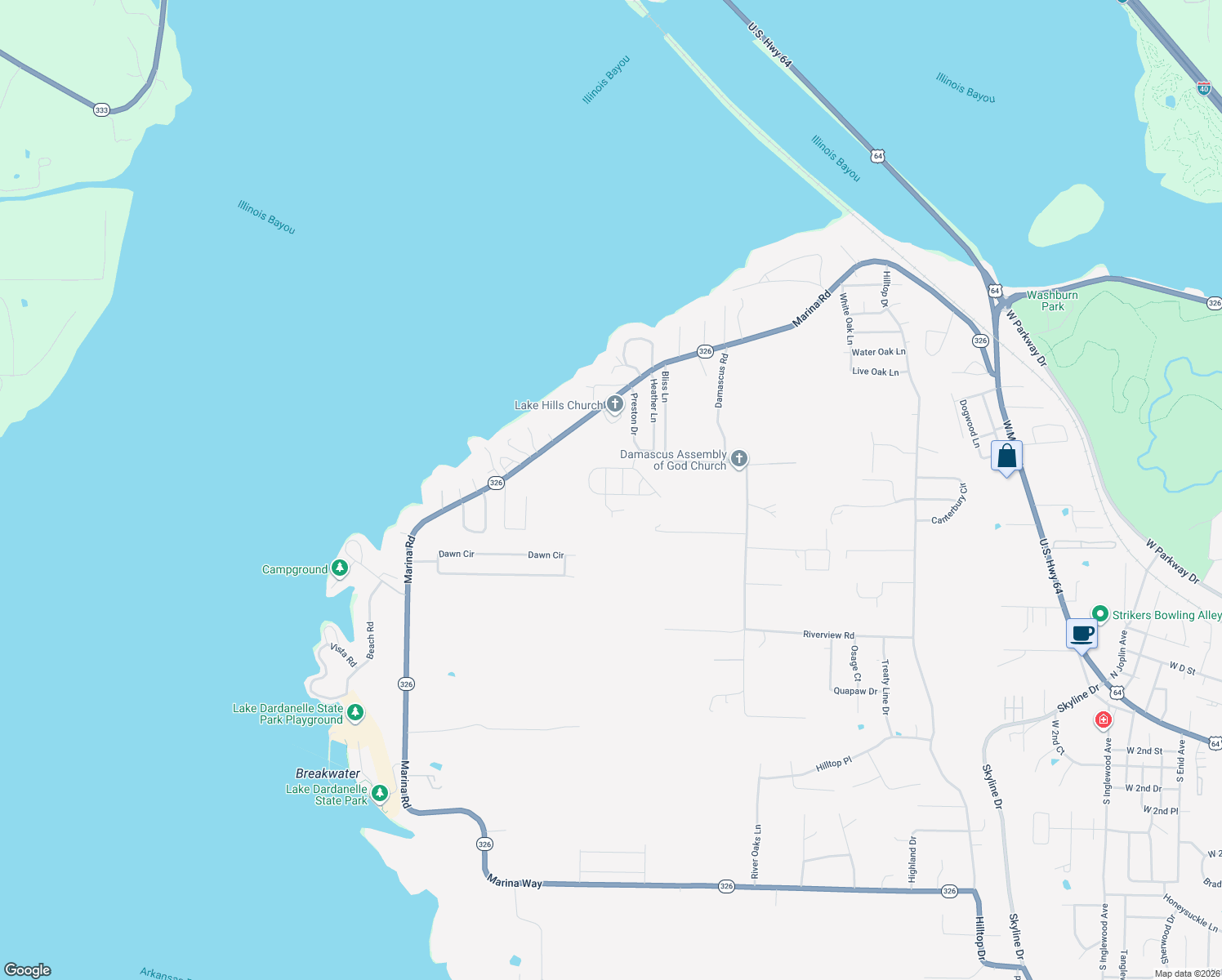 map of restaurants, bars, coffee shops, grocery stores, and more near 1516 Stewart Lane in Russellville