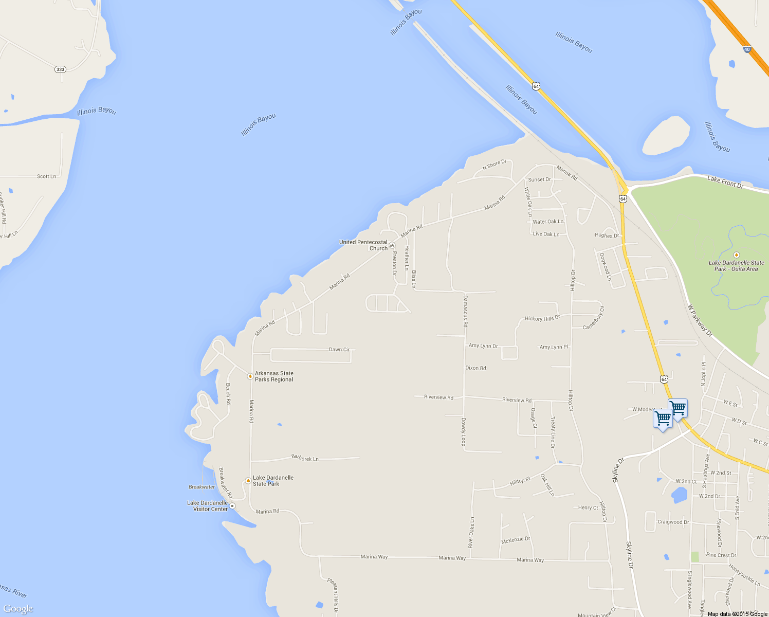 map of restaurants, bars, coffee shops, grocery stores, and more near 1516 Stewart Lane in Russellville