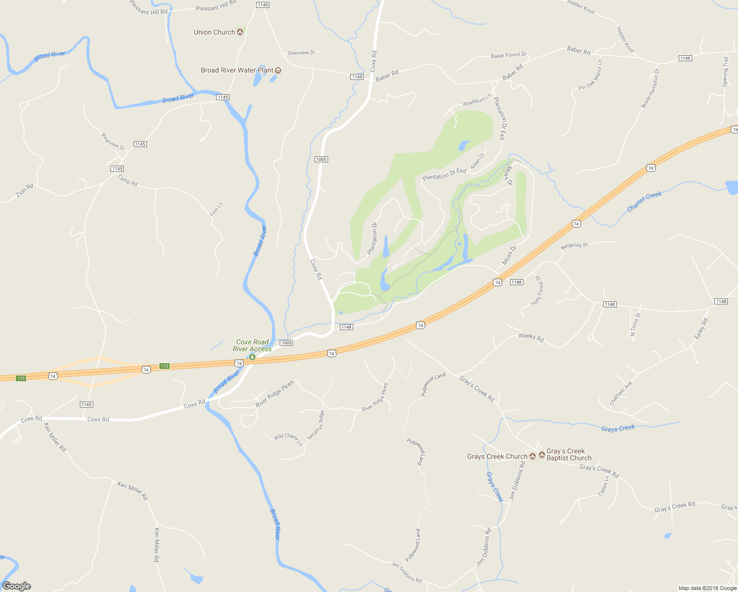 map of restaurants, bars, coffee shops, grocery stores, and more near 202 Kings Grant Road in Rutherfordton