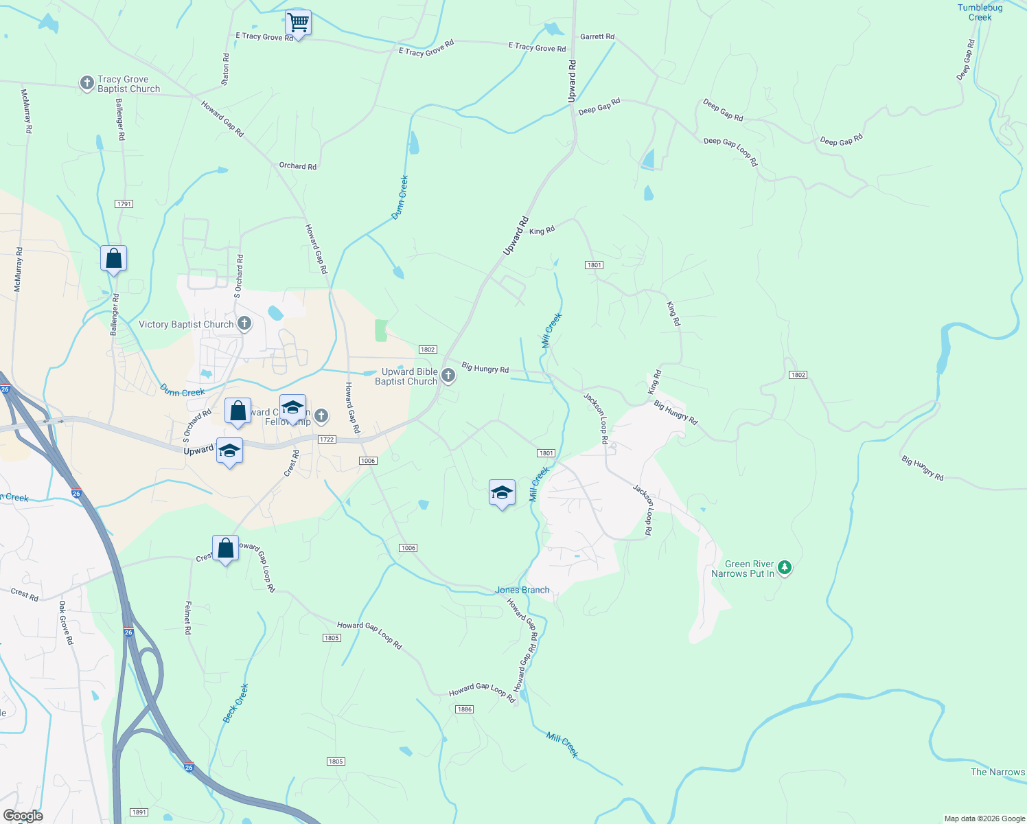 map of restaurants, bars, coffee shops, grocery stores, and more near 443 Jackson Loop Road in Flat Rock