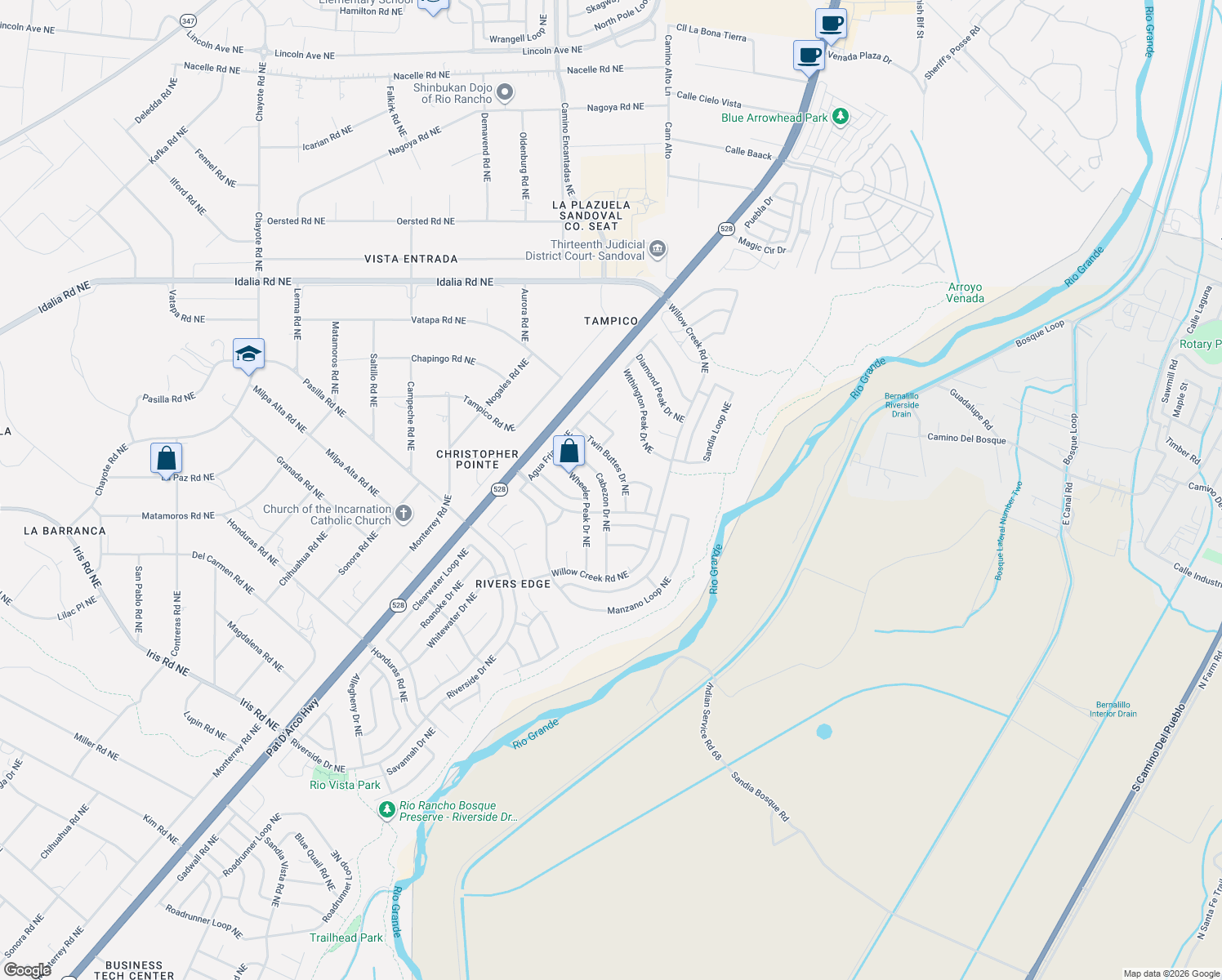 map of restaurants, bars, coffee shops, grocery stores, and more near 2512 Cabezon Dr NE in Rio Rancho