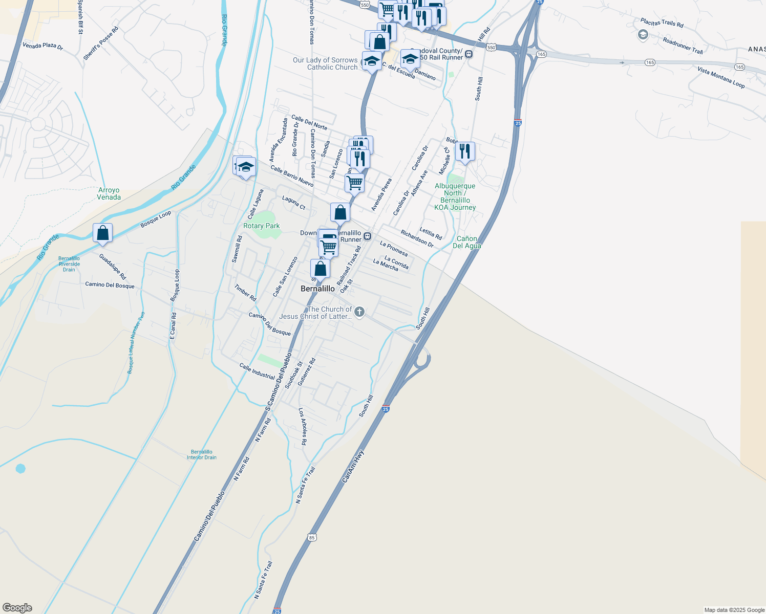 map of restaurants, bars, coffee shops, grocery stores, and more near 9 Charing Cross Loop in Bernalillo