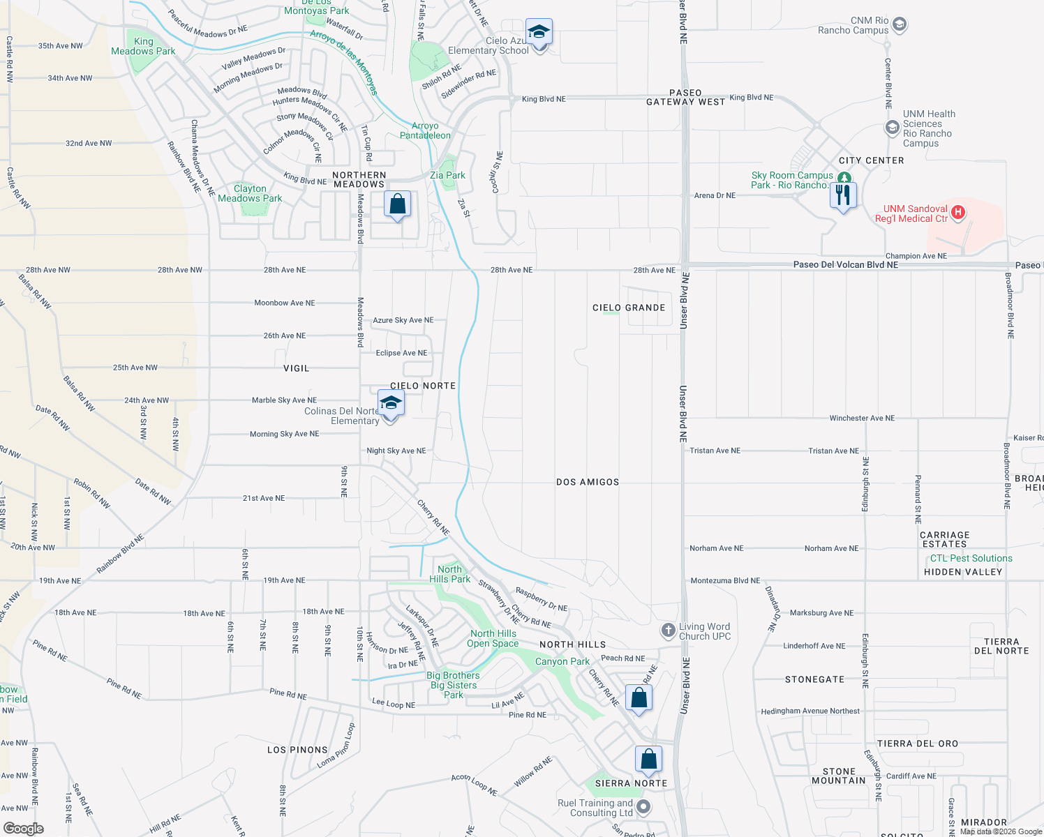 map of restaurants, bars, coffee shops, grocery stores, and more near Engle Drive Northeast in Rio Rancho