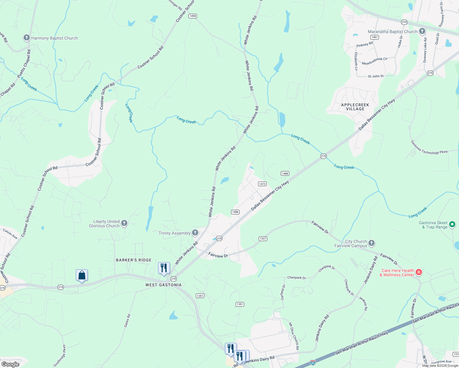 map of restaurants, bars, coffee shops, grocery stores, and more near 500 White Jenkins Road in Bessemer City