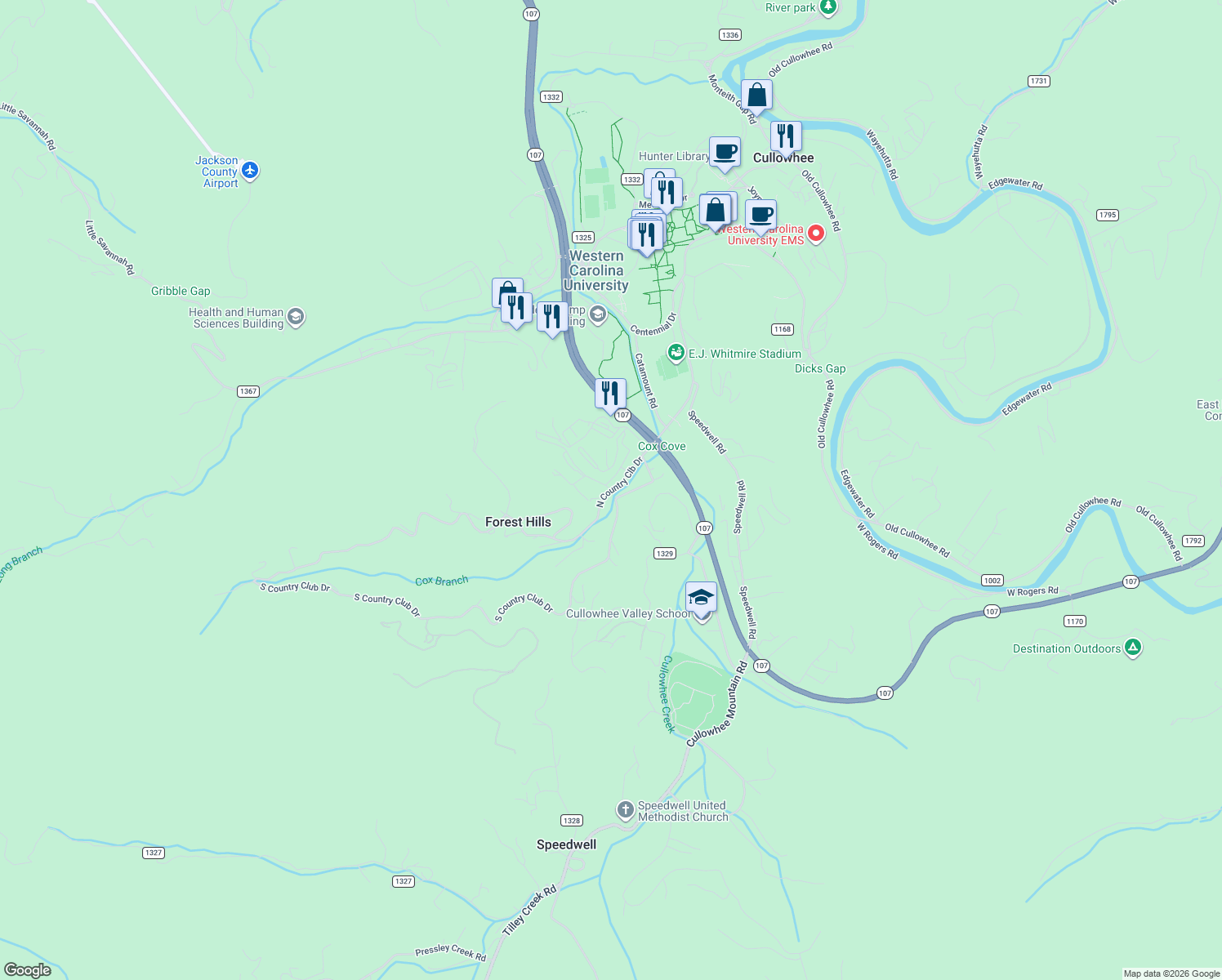 map of restaurants, bars, coffee shops, grocery stores, and more near 47 Warp Dr in Cullowhee