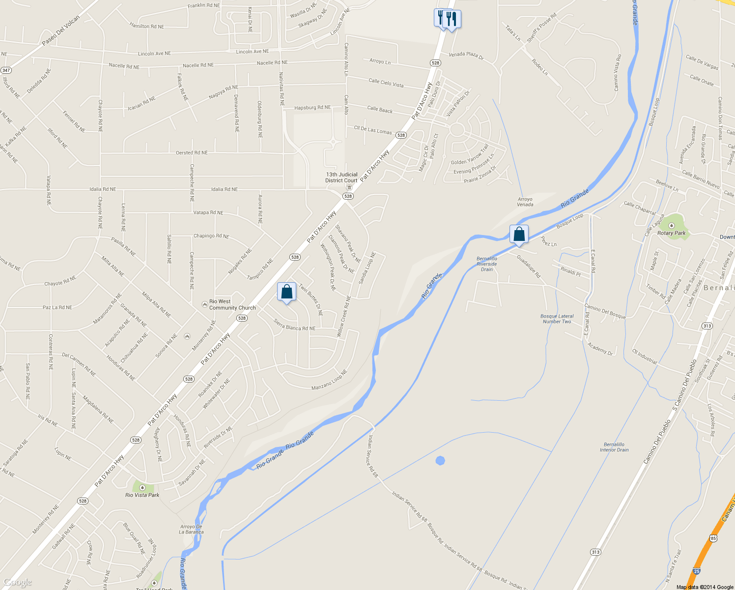 map of restaurants, bars, coffee shops, grocery stores, and more near 2521 Sandia Loop Northeast in Rio Rancho