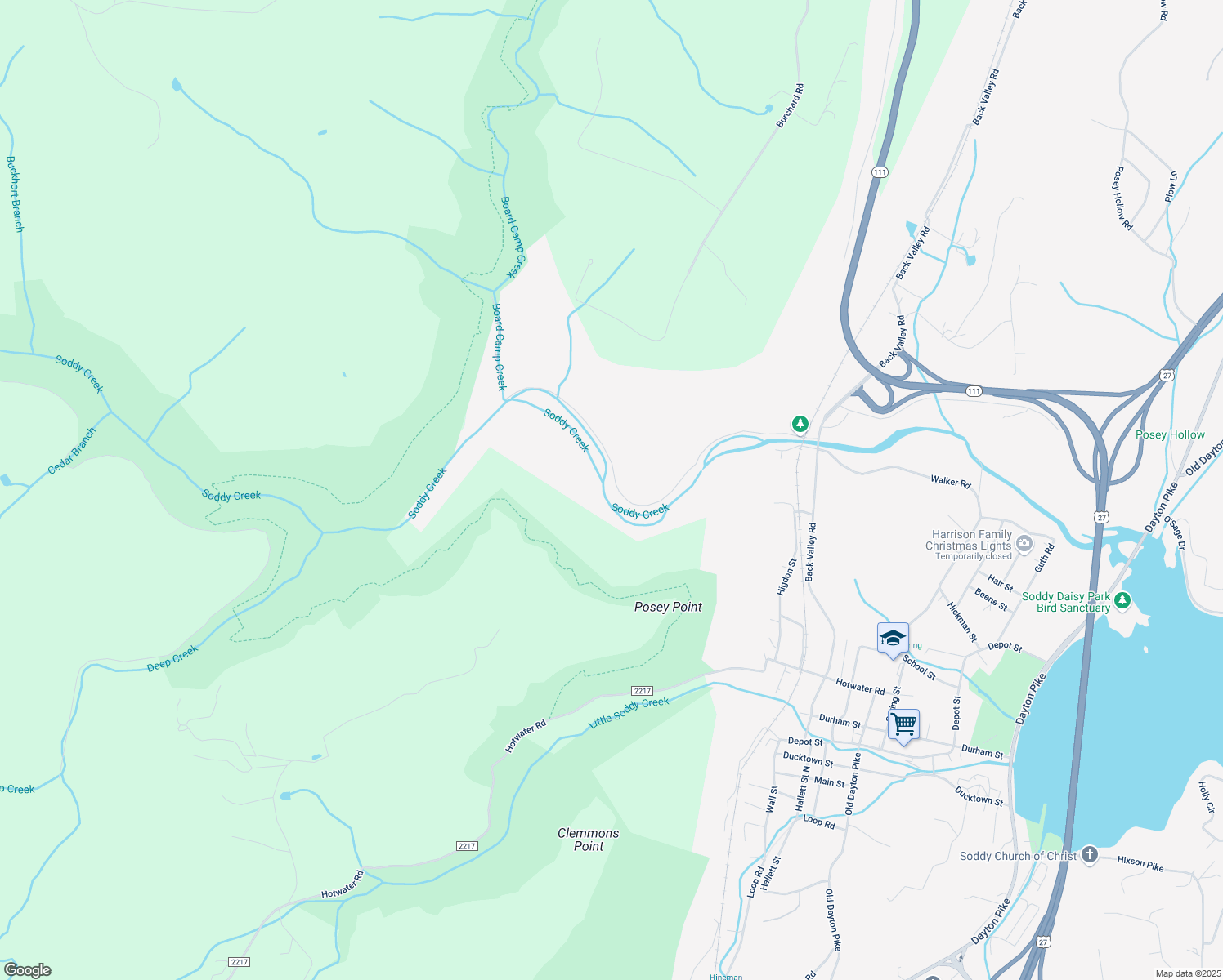 map of restaurants, bars, coffee shops, grocery stores, and more near 11850 Burchard Road in Soddy-Daisy