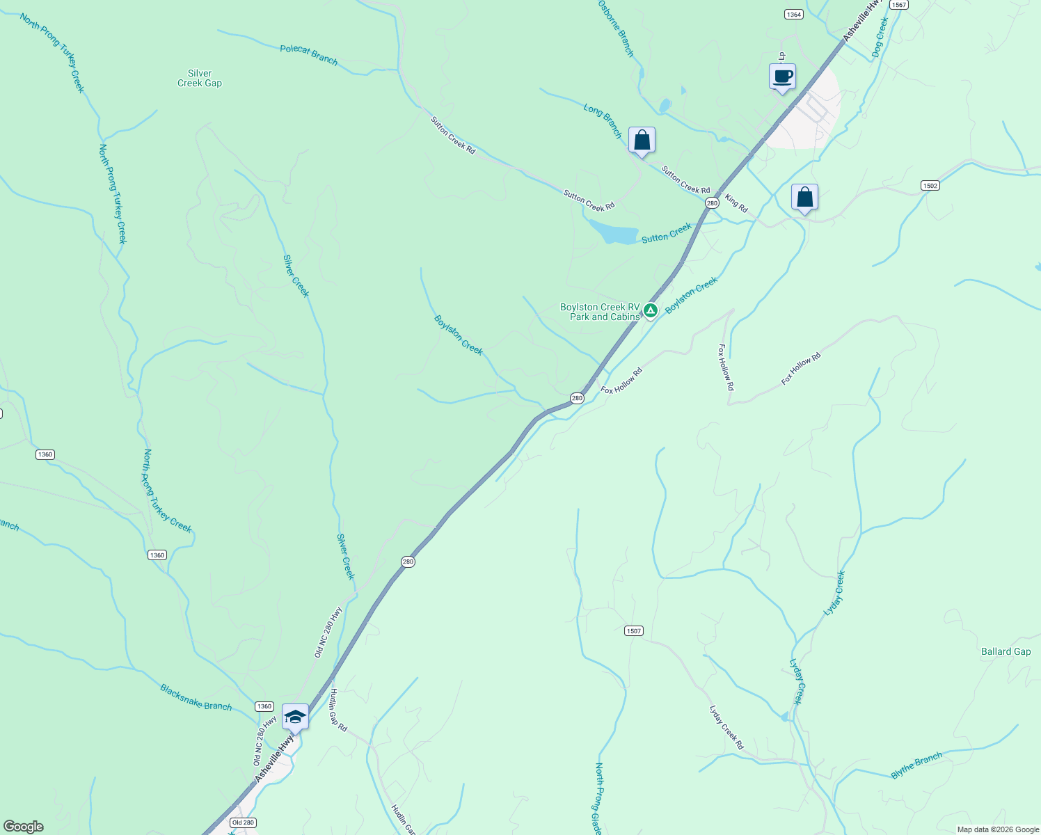 map of restaurants, bars, coffee shops, grocery stores, and more near 4864 Asheville Highway in Pisgah Forest