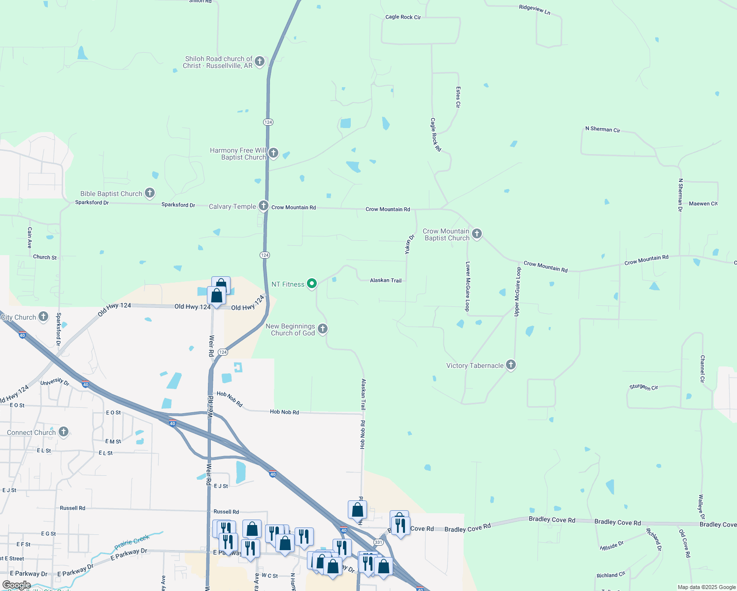 map of restaurants, bars, coffee shops, grocery stores, and more near 118 Scenic Acres Lane West in Russellville