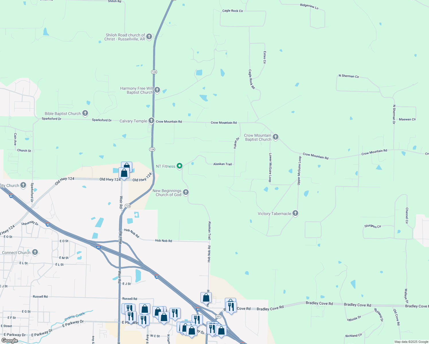 map of restaurants, bars, coffee shops, grocery stores, and more near 118 Scenic Acres Lane West in Russellville
