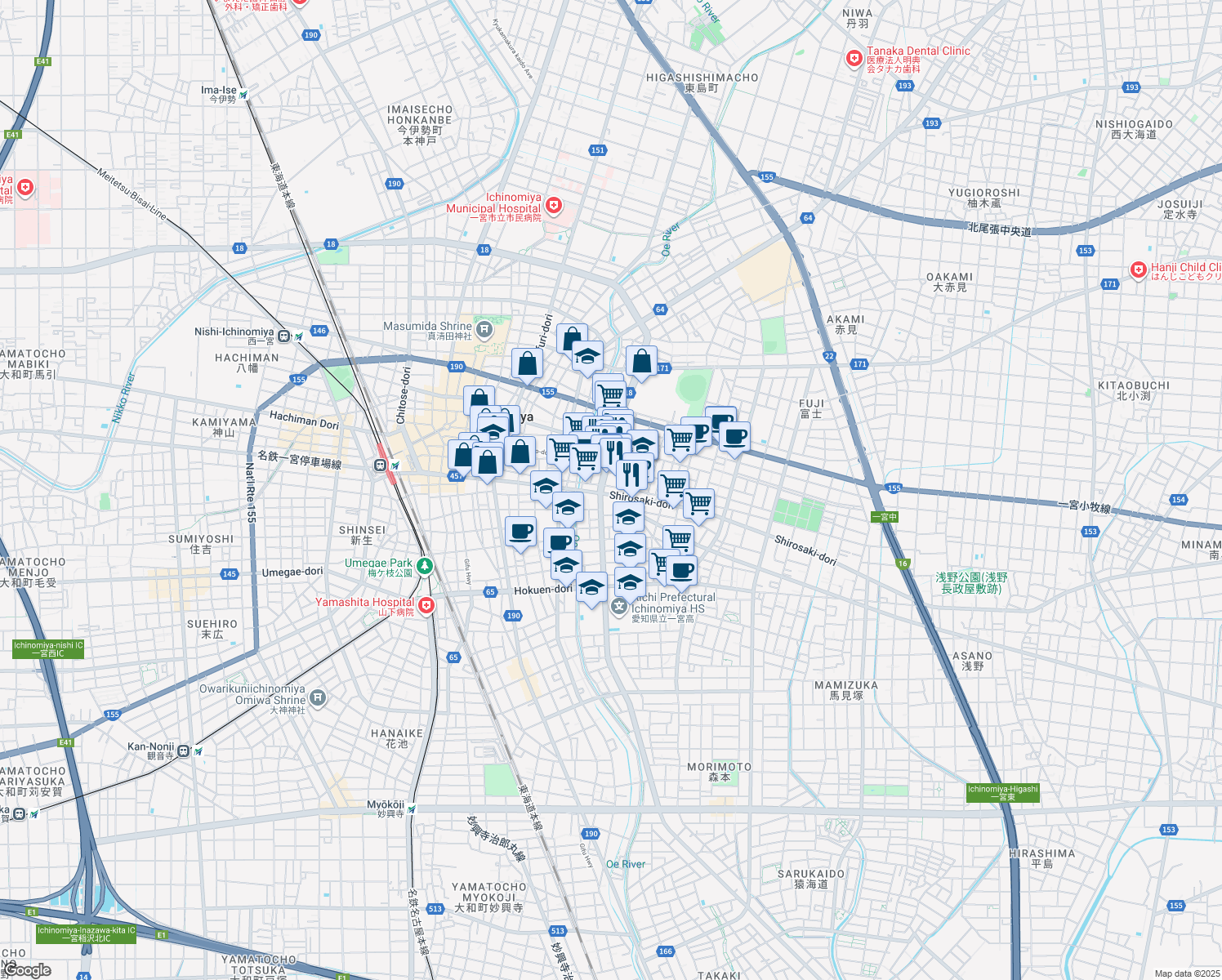 map of restaurants, bars, coffee shops, grocery stores, and more near in Ichinomiya
