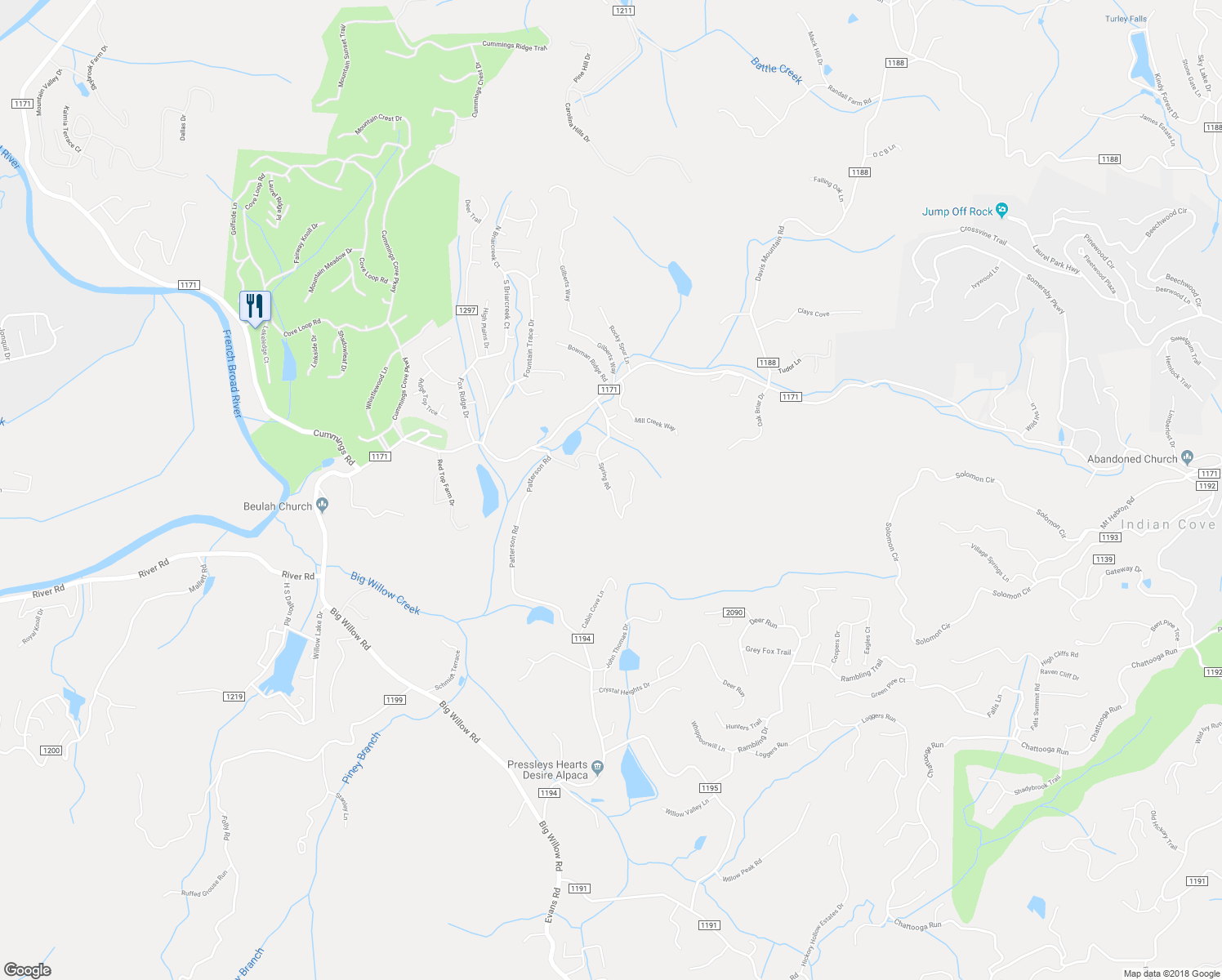 map of restaurants, bars, coffee shops, grocery stores, and more near 5500 Spring Road in Hendersonville