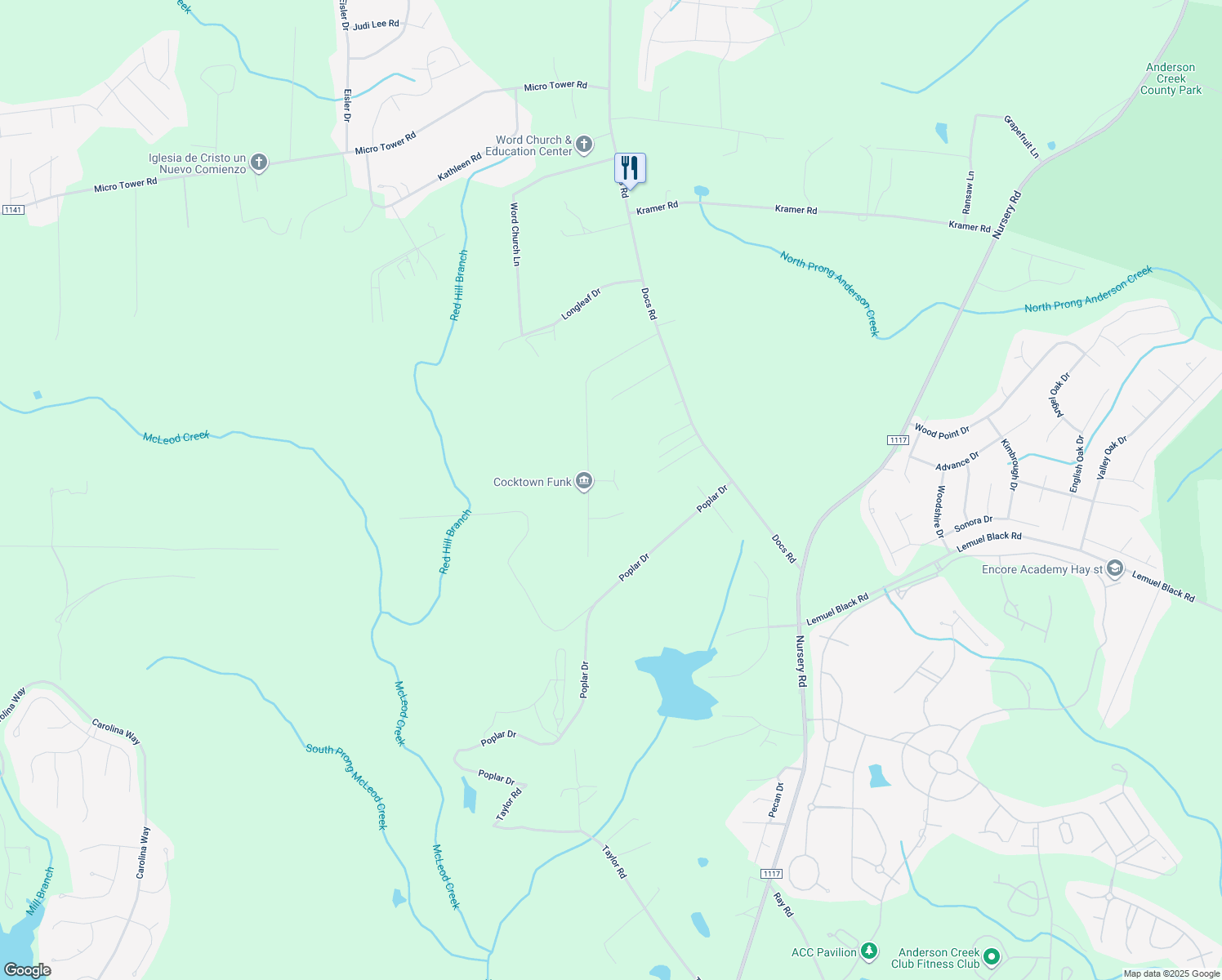 map of restaurants, bars, coffee shops, grocery stores, and more near 12 Belmont Court in Lillington