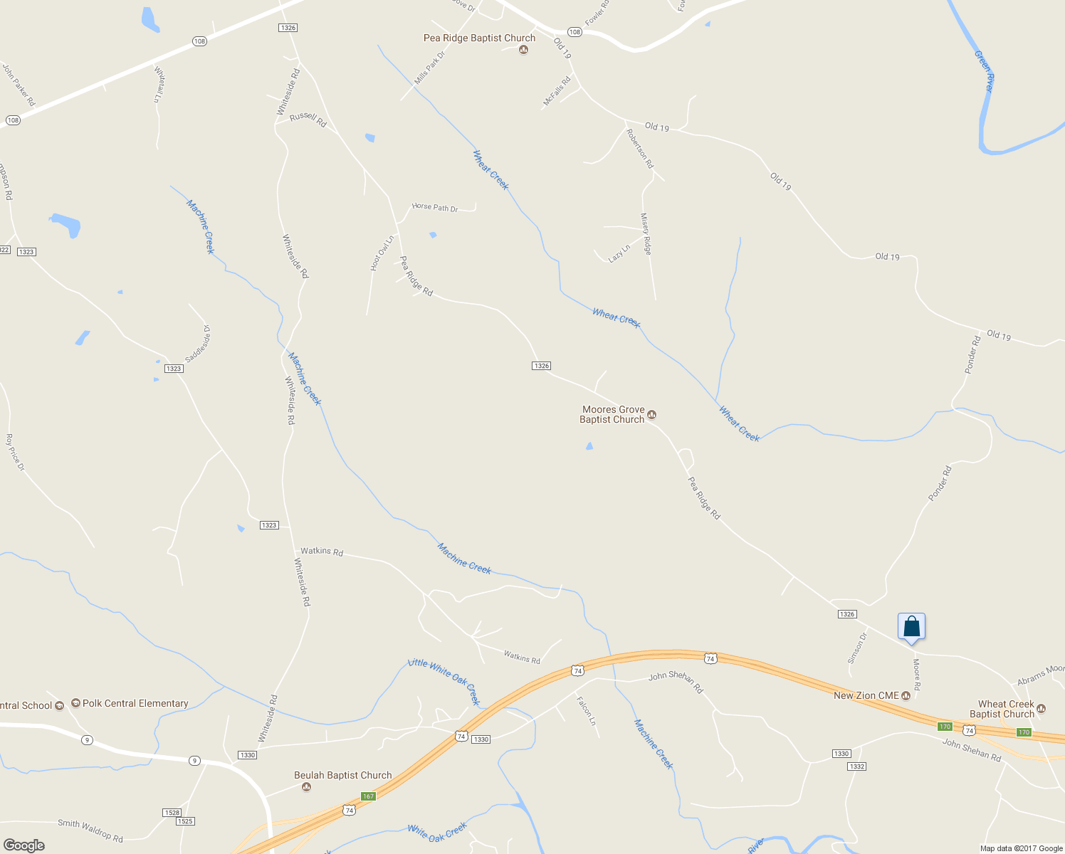 map of restaurants, bars, coffee shops, grocery stores, and more near 297 Buck Branch Road in Mill Spring