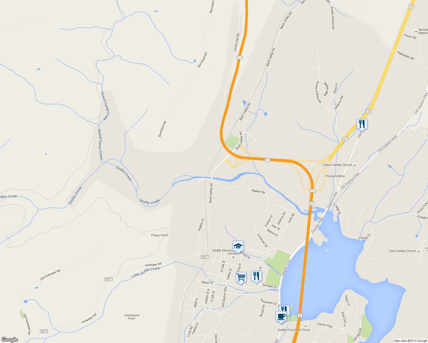 map of restaurants, bars, coffee shops, grocery stores, and more near 11735 Old Back Valley Road in Soddy-Daisy