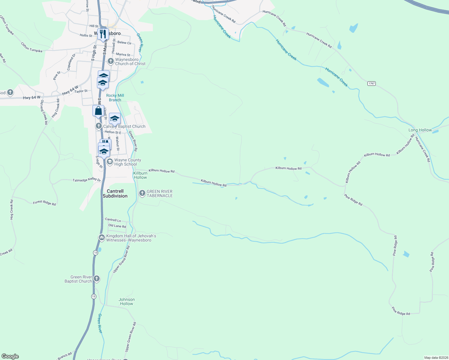 map of restaurants, bars, coffee shops, grocery stores, and more near 305 Kilburn Hollow Road in Waynesboro