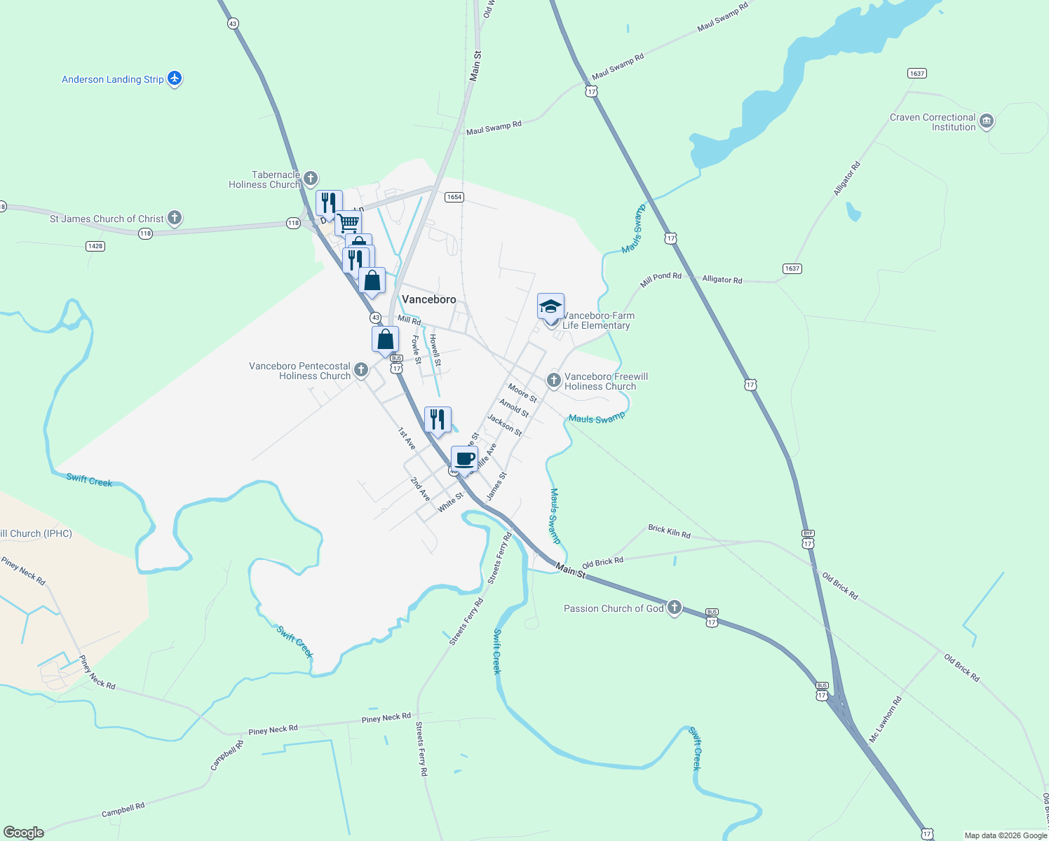 map of restaurants, bars, coffee shops, grocery stores, and more near 306 Mill Avenue in Vanceboro