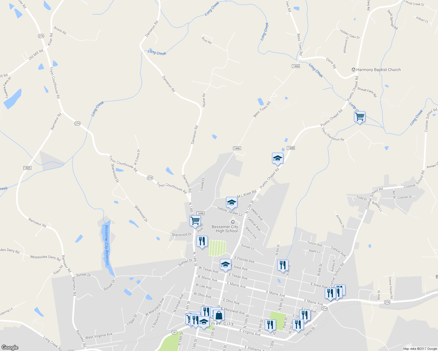 map of restaurants, bars, coffee shops, grocery stores, and more near 439 Bess Town Road in Bessemer City