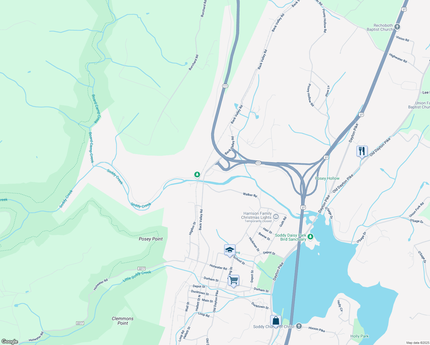 map of restaurants, bars, coffee shops, grocery stores, and more near 11736 Old Back Valley Road in Soddy-Daisy