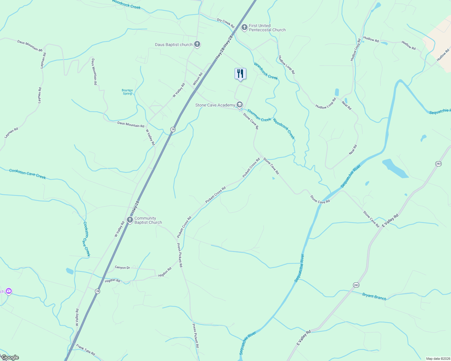 map of restaurants, bars, coffee shops, grocery stores, and more near 641 Pickett Cross Road in Whitwell