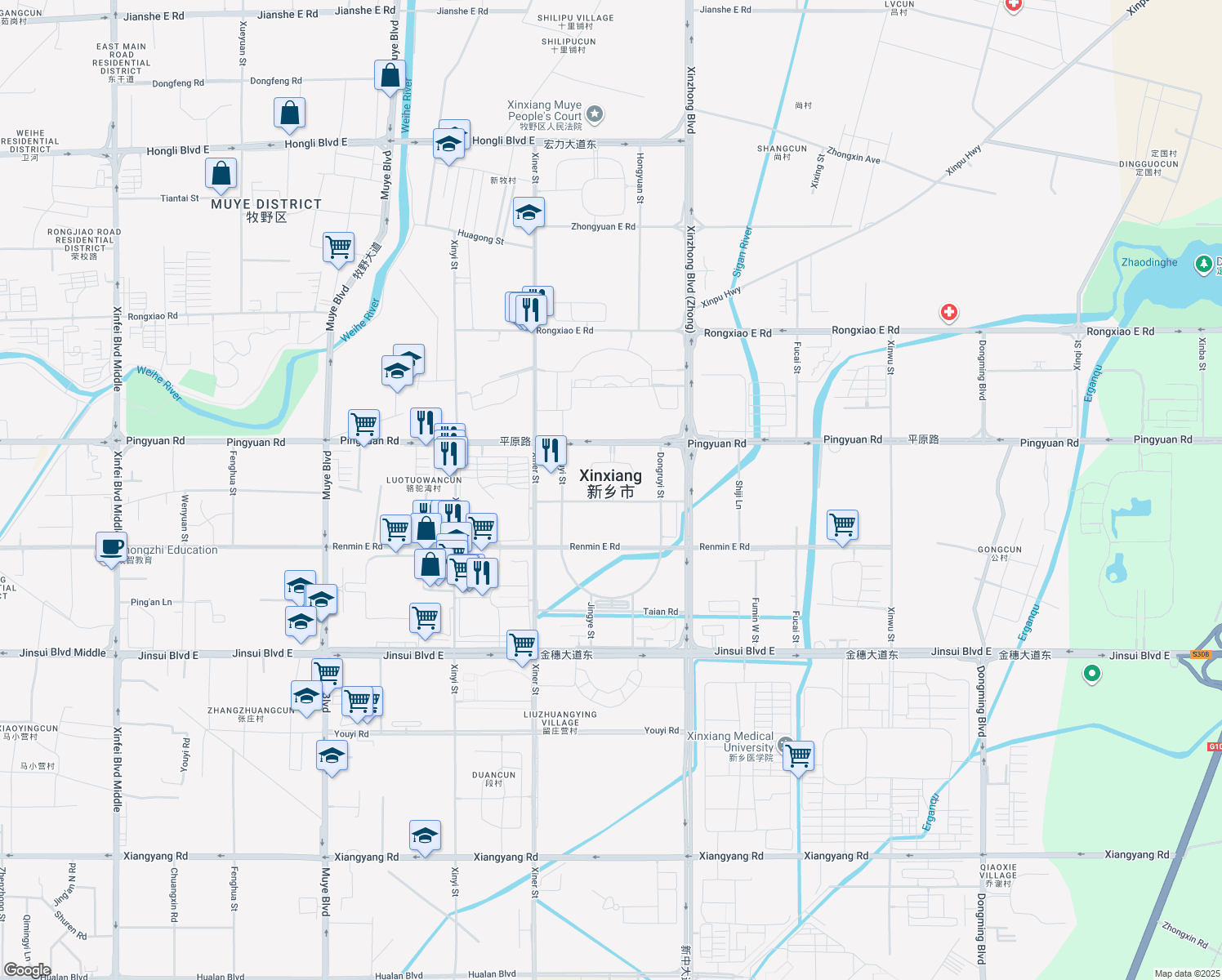 map of restaurants, bars, coffee shops, grocery stores, and more near in Xinxiang