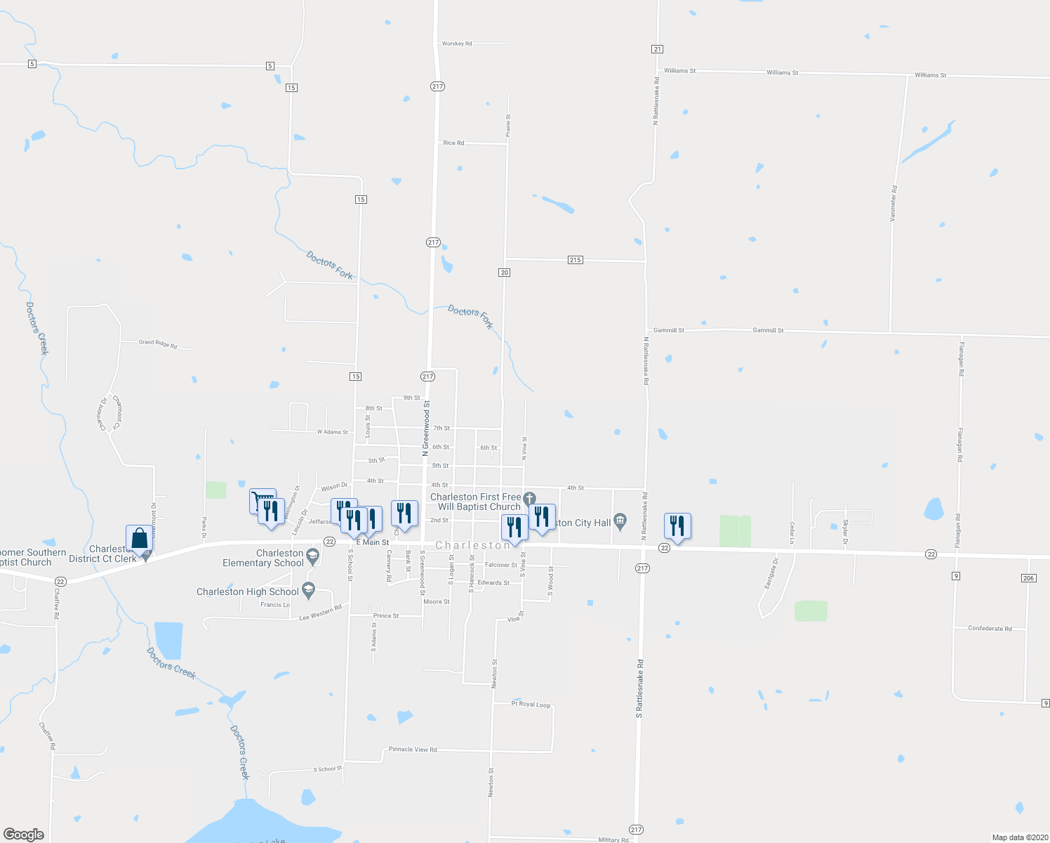 map of restaurants, bars, coffee shops, grocery stores, and more near 704 North Vine Street in Charleston