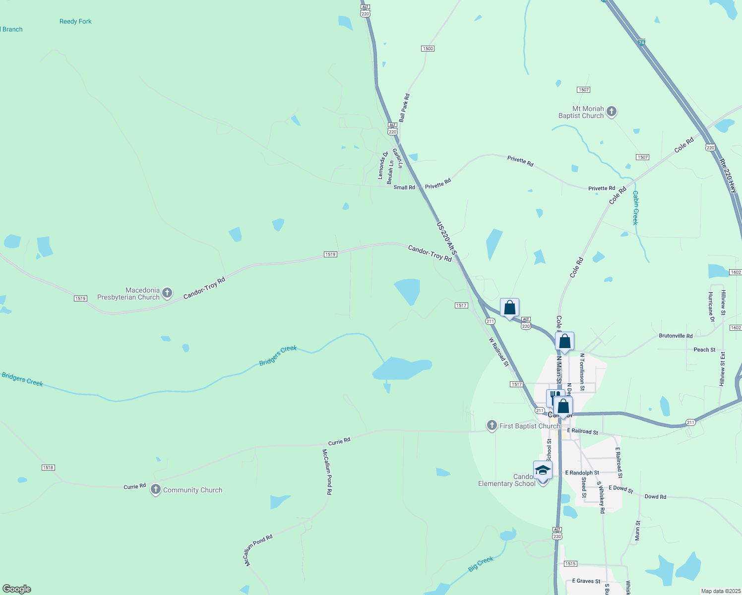 map of restaurants, bars, coffee shops, grocery stores, and more near 277 Burkhead Ln in Biscoe