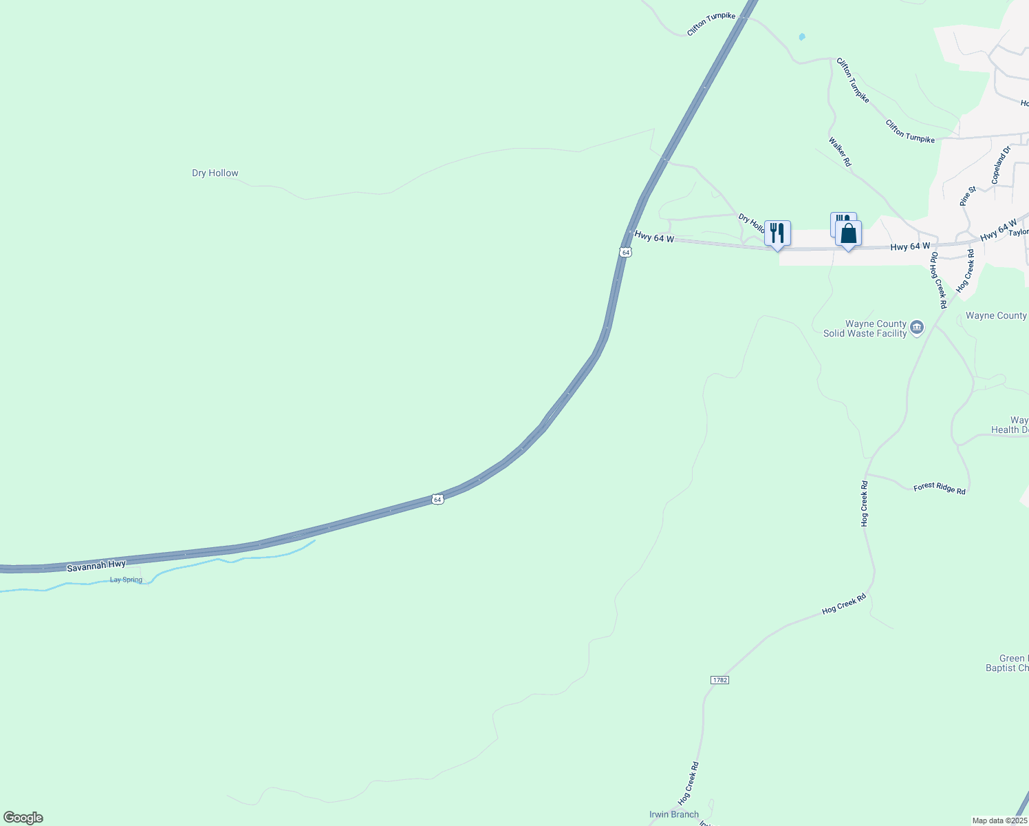 map of restaurants, bars, coffee shops, grocery stores, and more near 1150 U.S. Highway 64 in Waynesboro