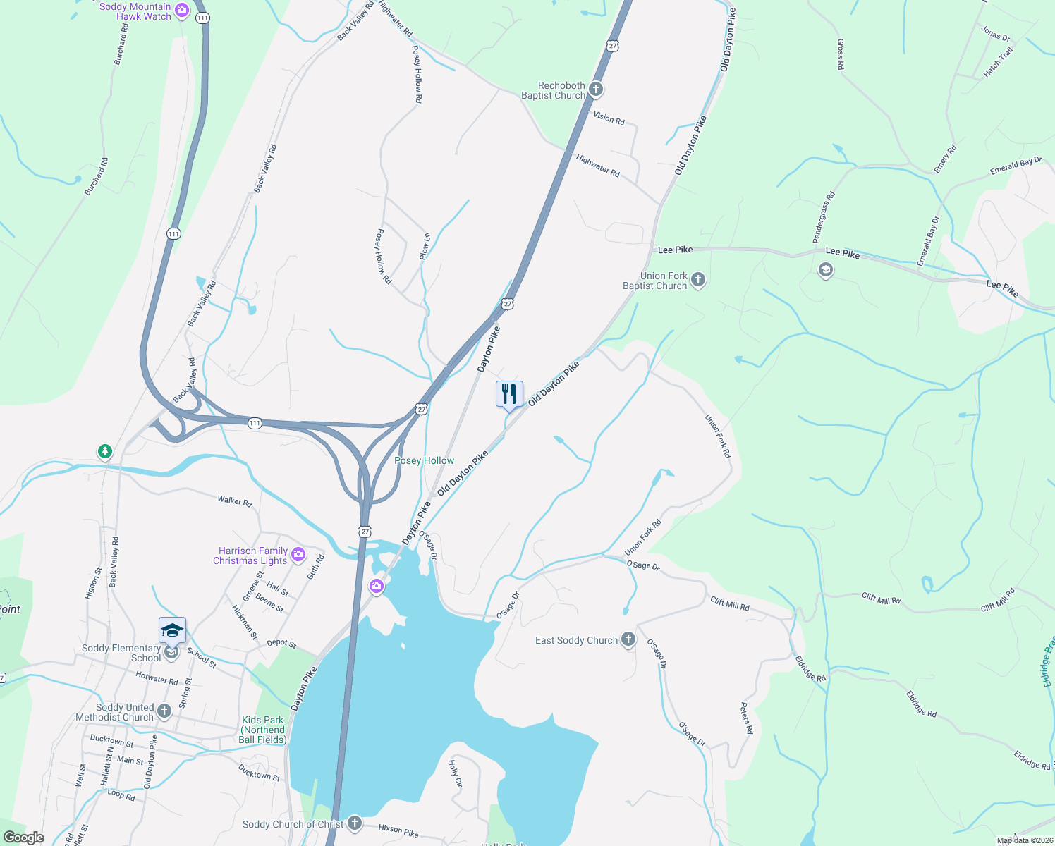map of restaurants, bars, coffee shops, grocery stores, and more near 12174 Old Dayton Pike in Soddy-Daisy