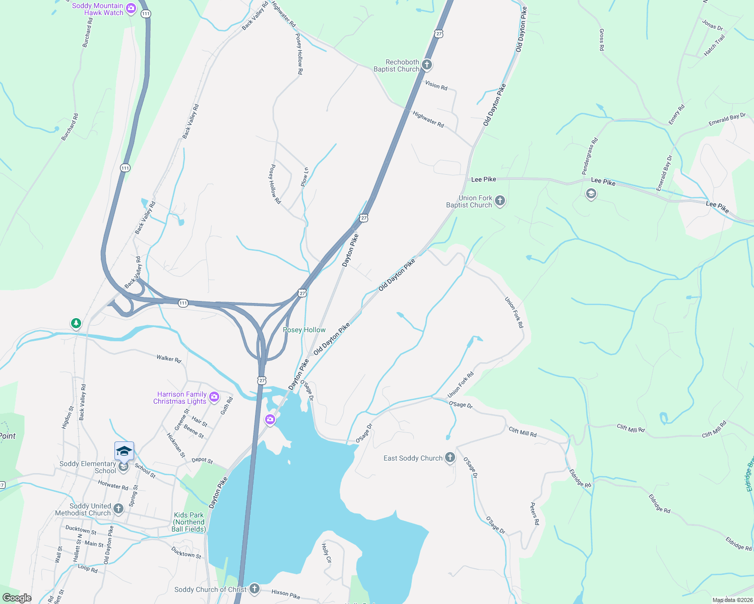 map of restaurants, bars, coffee shops, grocery stores, and more near 12174 Old Dayton Pike in Soddy-Daisy