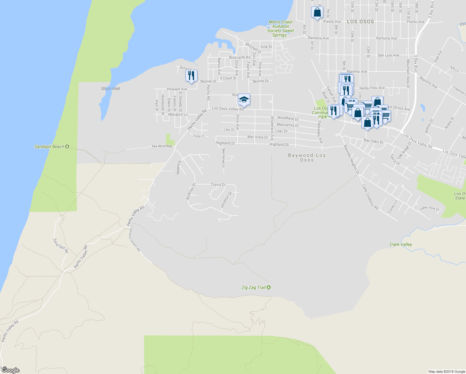 map of restaurants, bars, coffee shops, grocery stores, and more near 329 Travis Drive in Baywood-Los Osos