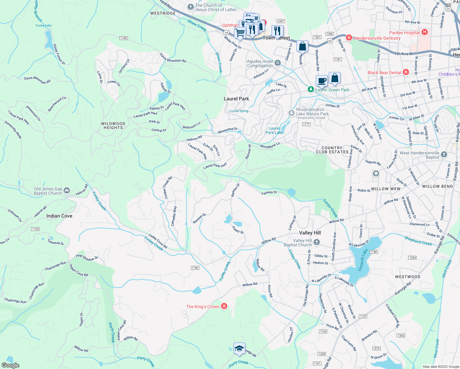 map of restaurants, bars, coffee shops, grocery stores, and more near 593 Ransier Drive in Hendersonville