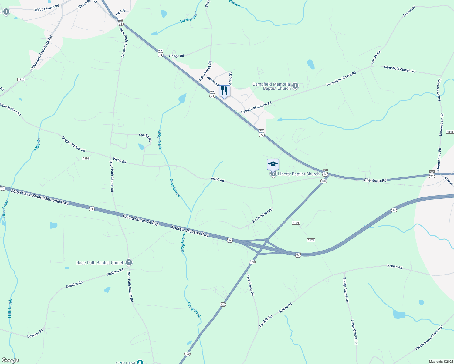 map of restaurants, bars, coffee shops, grocery stores, and more near 608 Webb Rd in Ellenboro
