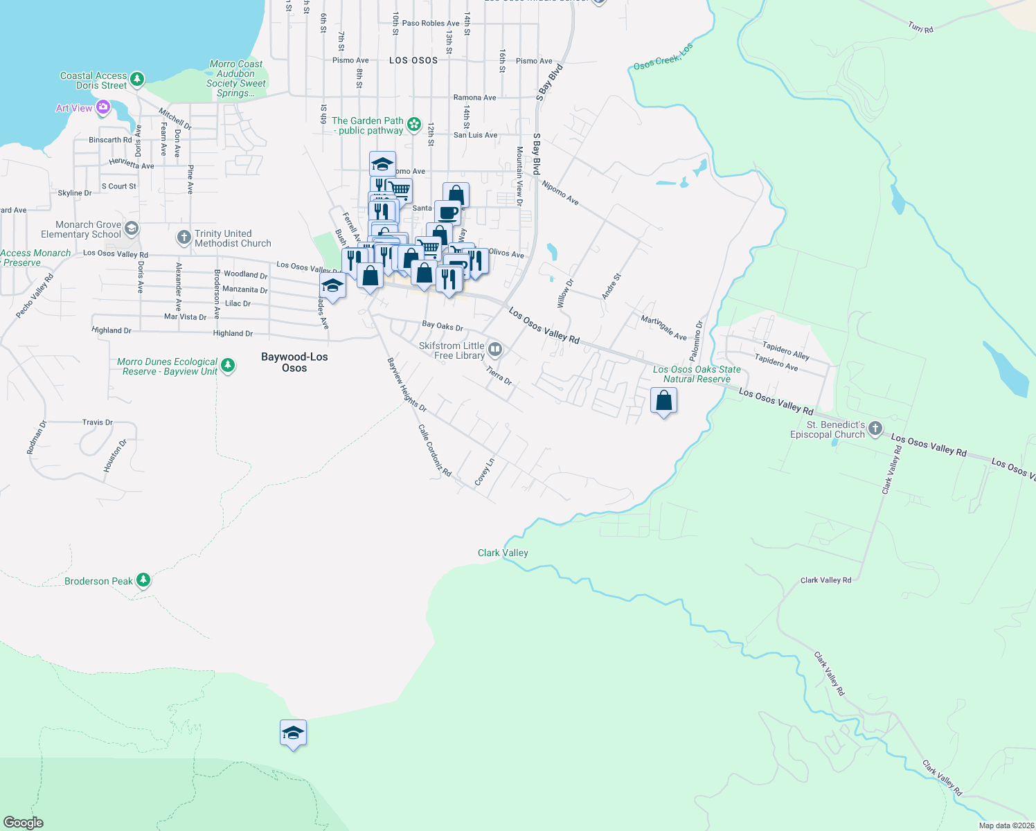map of restaurants, bars, coffee shops, grocery stores, and more near 1437 Las Encinas Dr in Los Osos