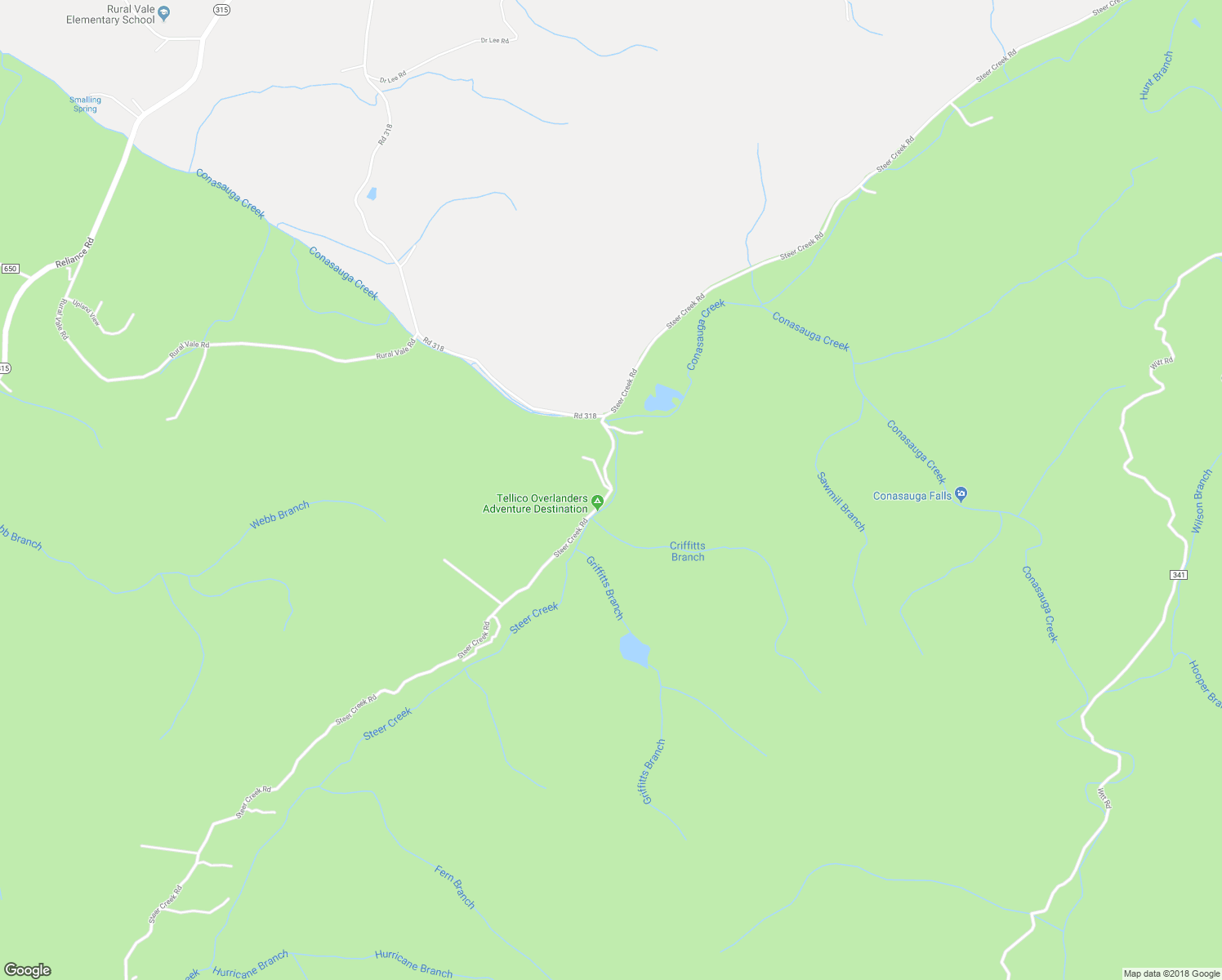 map of restaurants, bars, coffee shops, grocery stores, and more near Steer Creek Road in Tellico Plains