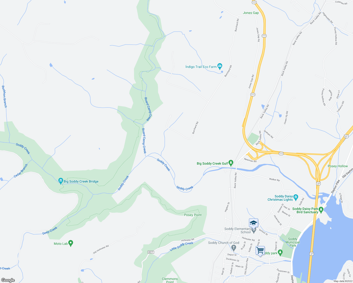 map of restaurants, bars, coffee shops, grocery stores, and more near 11838 Burchard Road in Soddy-Daisy