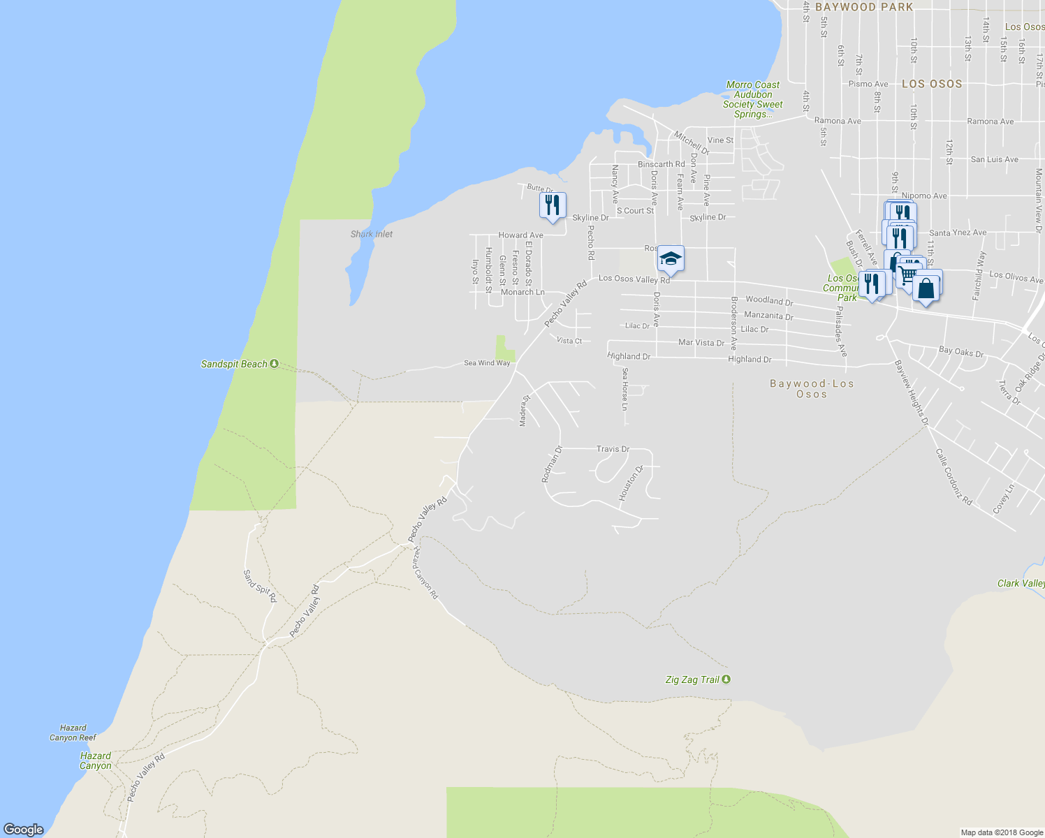 map of restaurants, bars, coffee shops, grocery stores, and more near 207 Madera Street in Baywood-Los Osos
