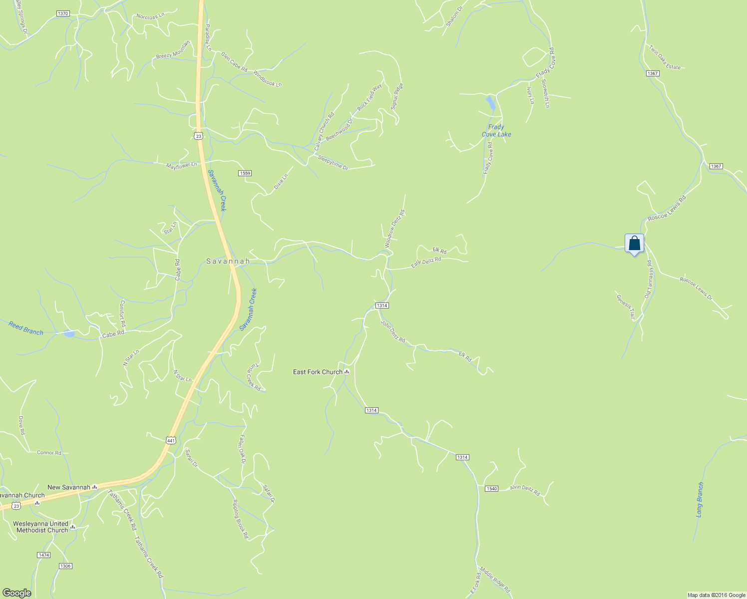 map of restaurants, bars, coffee shops, grocery stores, and more near Chickadee Lane in Sylva