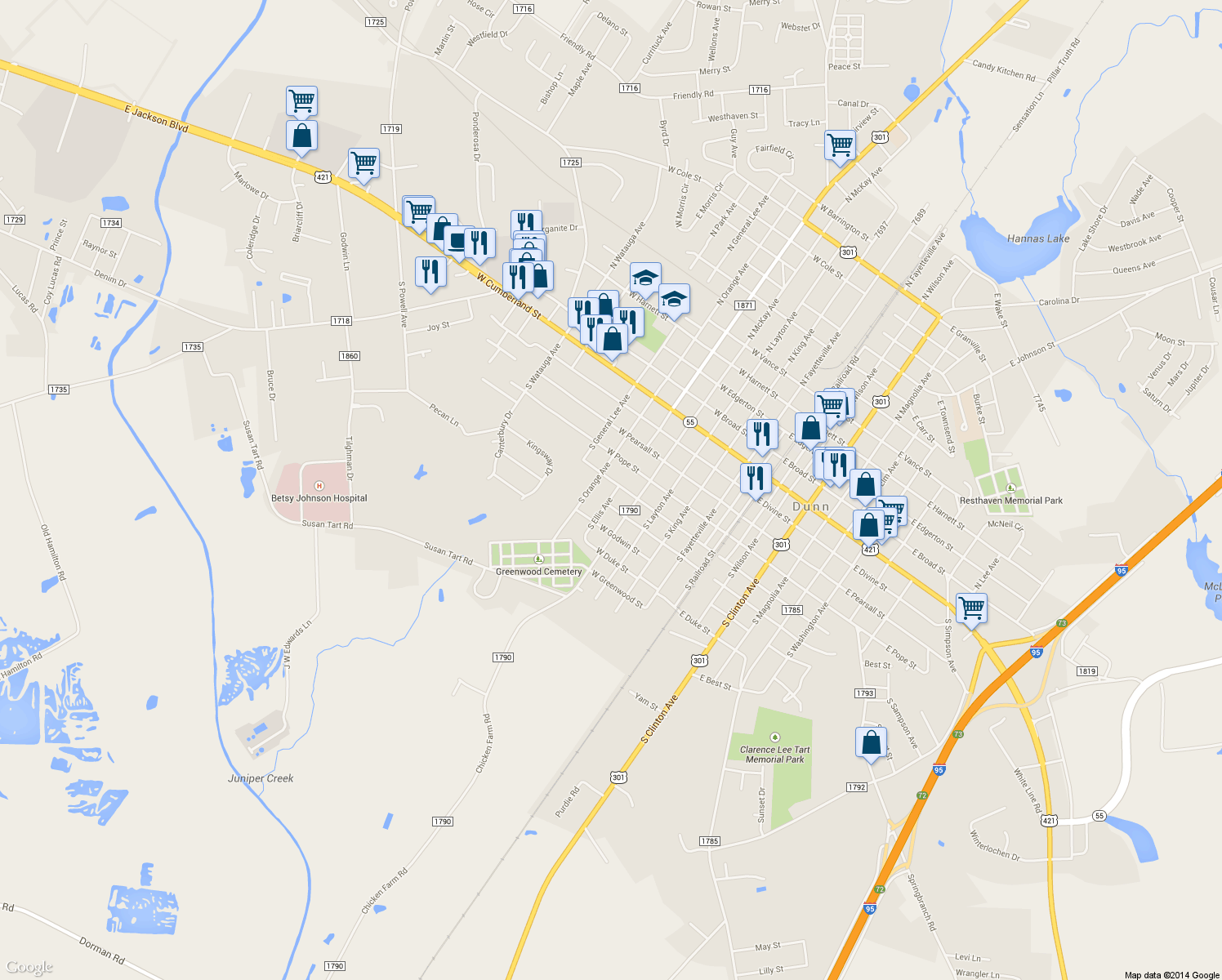 map of restaurants, bars, coffee shops, grocery stores, and more near 602 South Ellis Avenue in Dunn