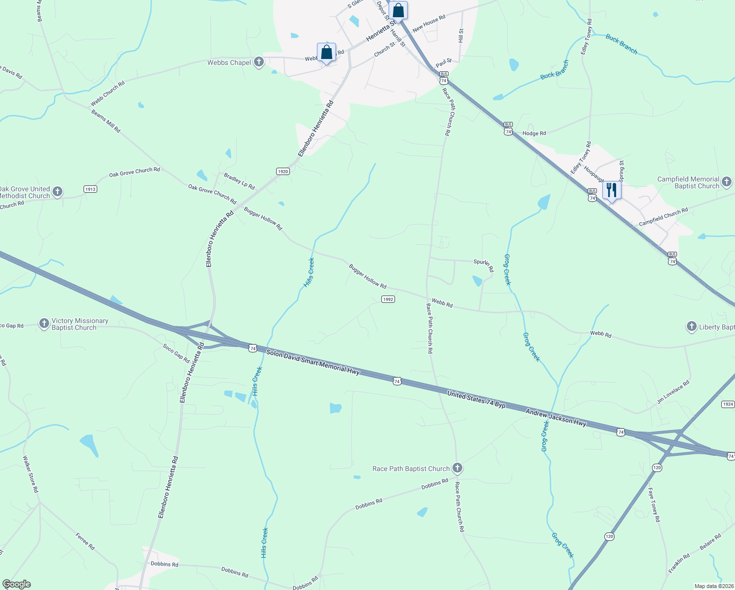 map of restaurants, bars, coffee shops, grocery stores, and more near 176 Gunns Road in Ellenboro