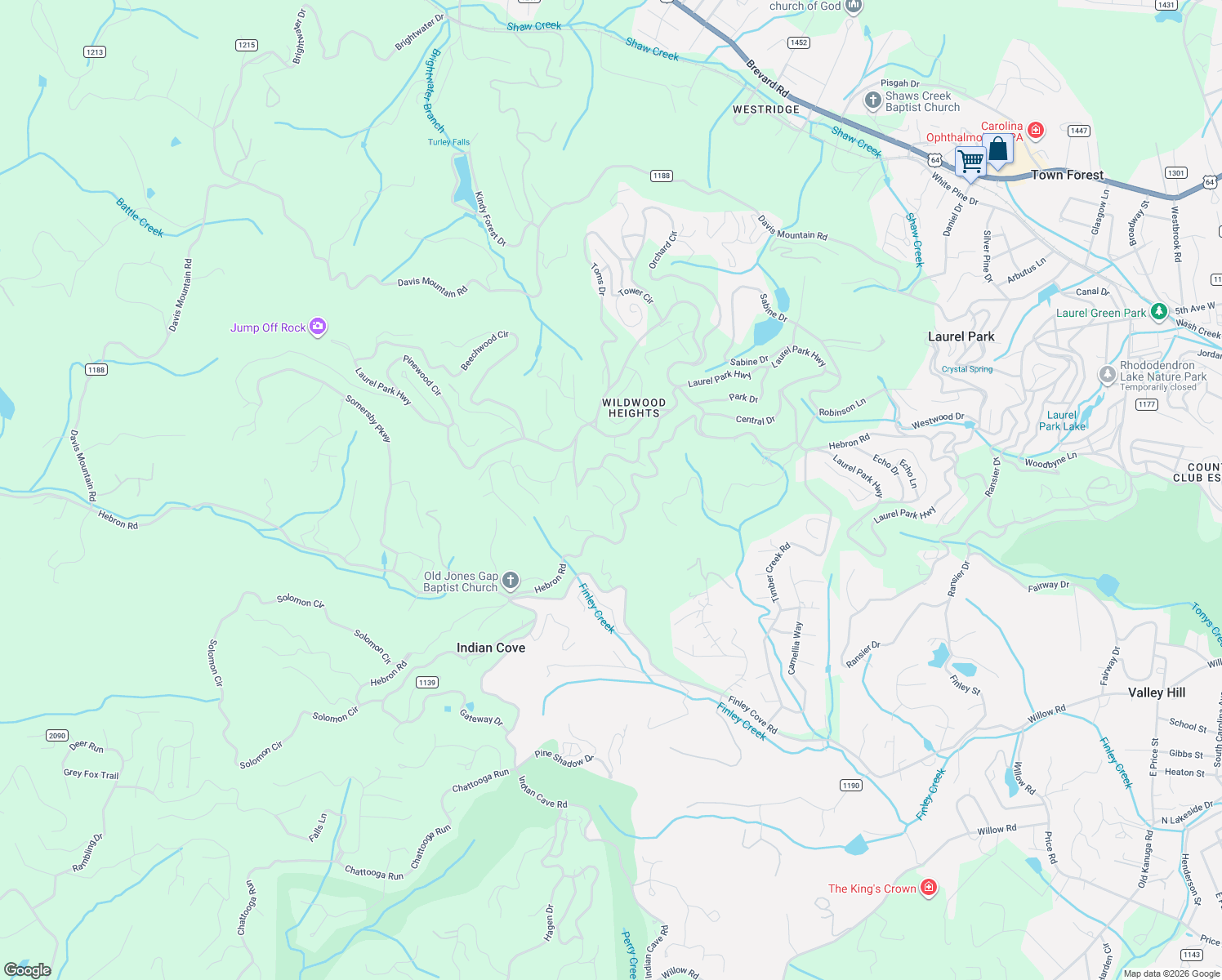 map of restaurants, bars, coffee shops, grocery stores, and more near 135 Sunny Ridge Road in Laurel Park