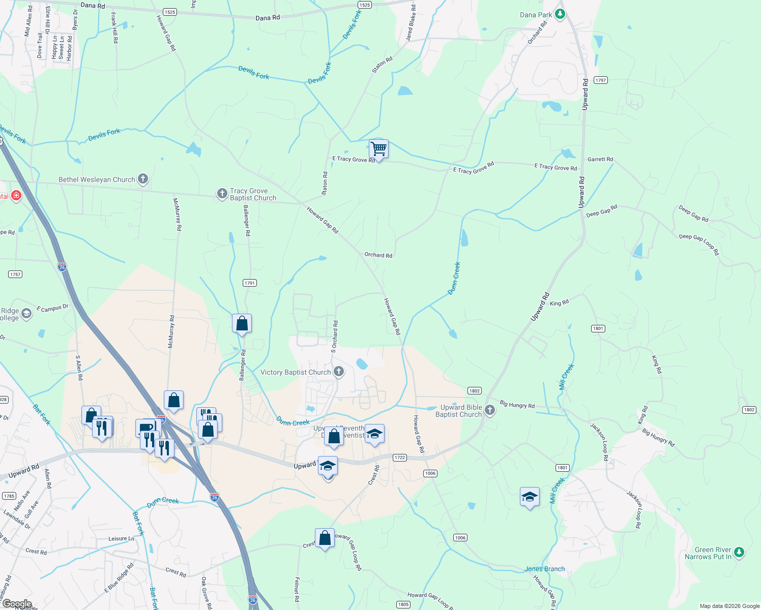 map of restaurants, bars, coffee shops, grocery stores, and more near 5610 Howard Gap Rd in Flat Rock